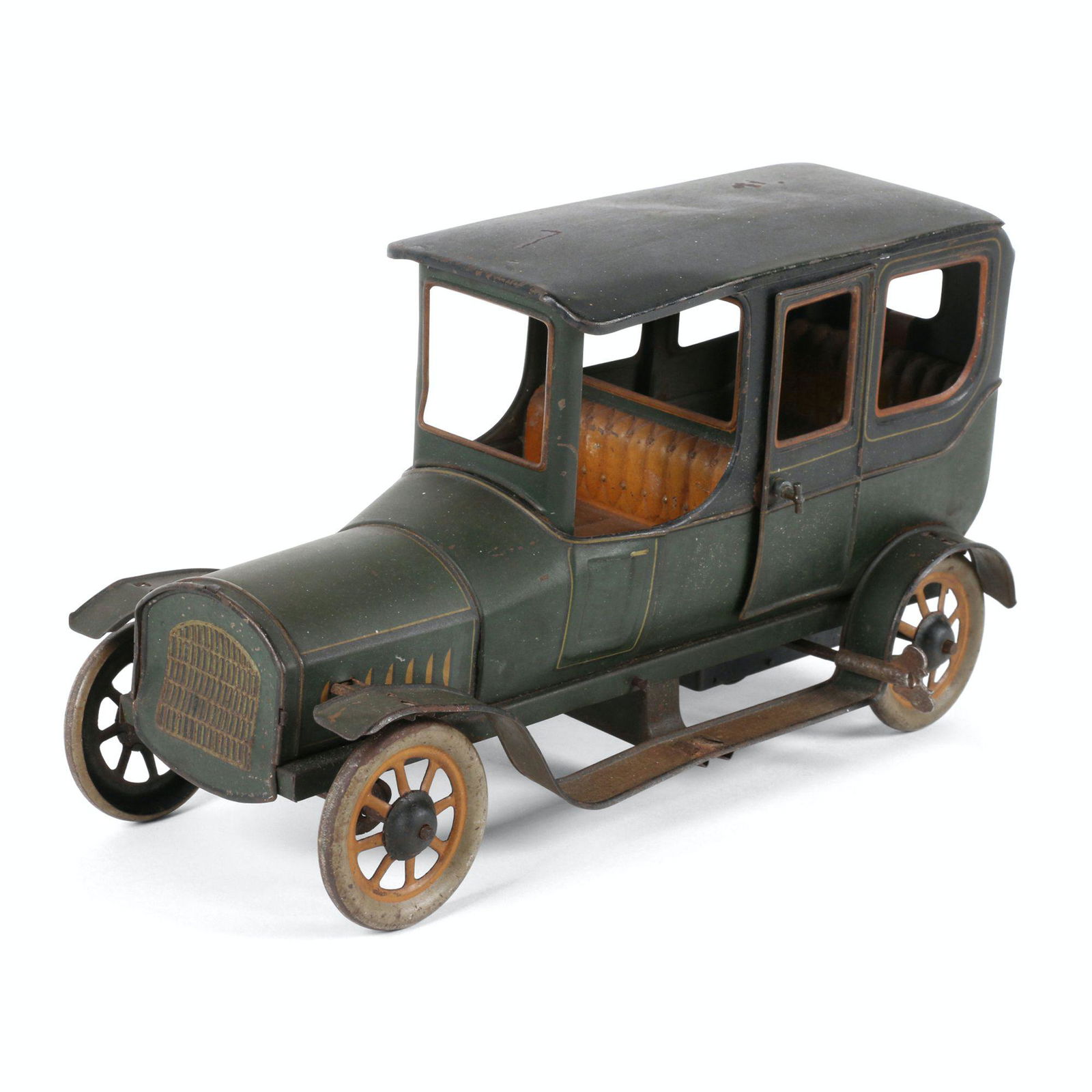 Bing Tin Litho Limousine Toy: German. 1920s. Rear doors functioning. Marked, "BNG Bavaria" lower rear. 10.5" x 4.5" x 6" (h). Functioning. Minor oxidation to exposed metal parts. $400/600