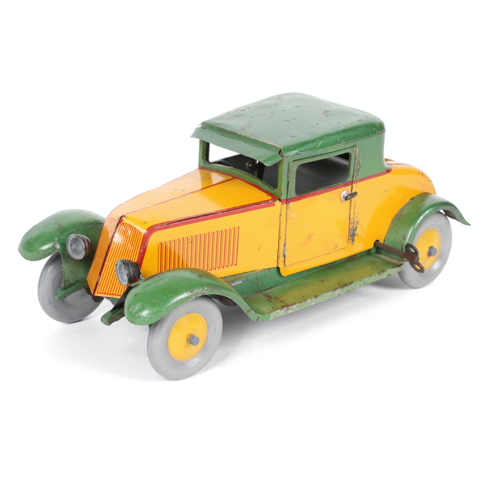 JEP Tin Litho Coupe Rumble Seat Roadster Toy: French. 1930s. Doors and rumble seat are functioning. Stamped, "JEP Made in France" underside. 12" x 5" x 5.25". Functioning. Restored mechanics, wheels. Scattered surface loss including scratches and