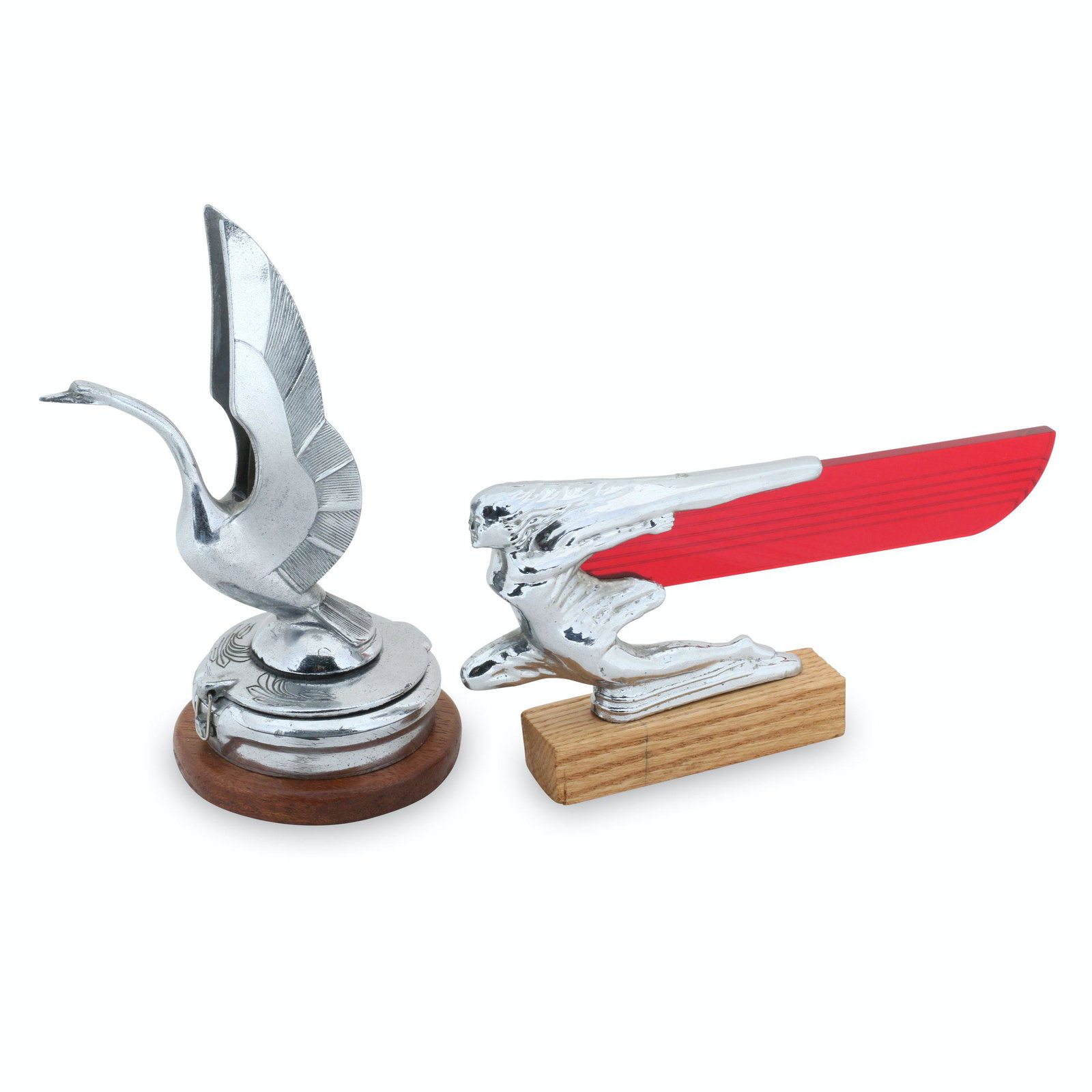 1931 and 1938 Packard Hood Ornaments: Two (2). American. 1931, 1938. Includes 1938 Packard flying goddess and 1931 Packard bird. Marked, "Faith Mfg Co, Chicago Illinois Pat Pend" underside. 3.5" to 7.5" (h). Goddess has replacement acryli