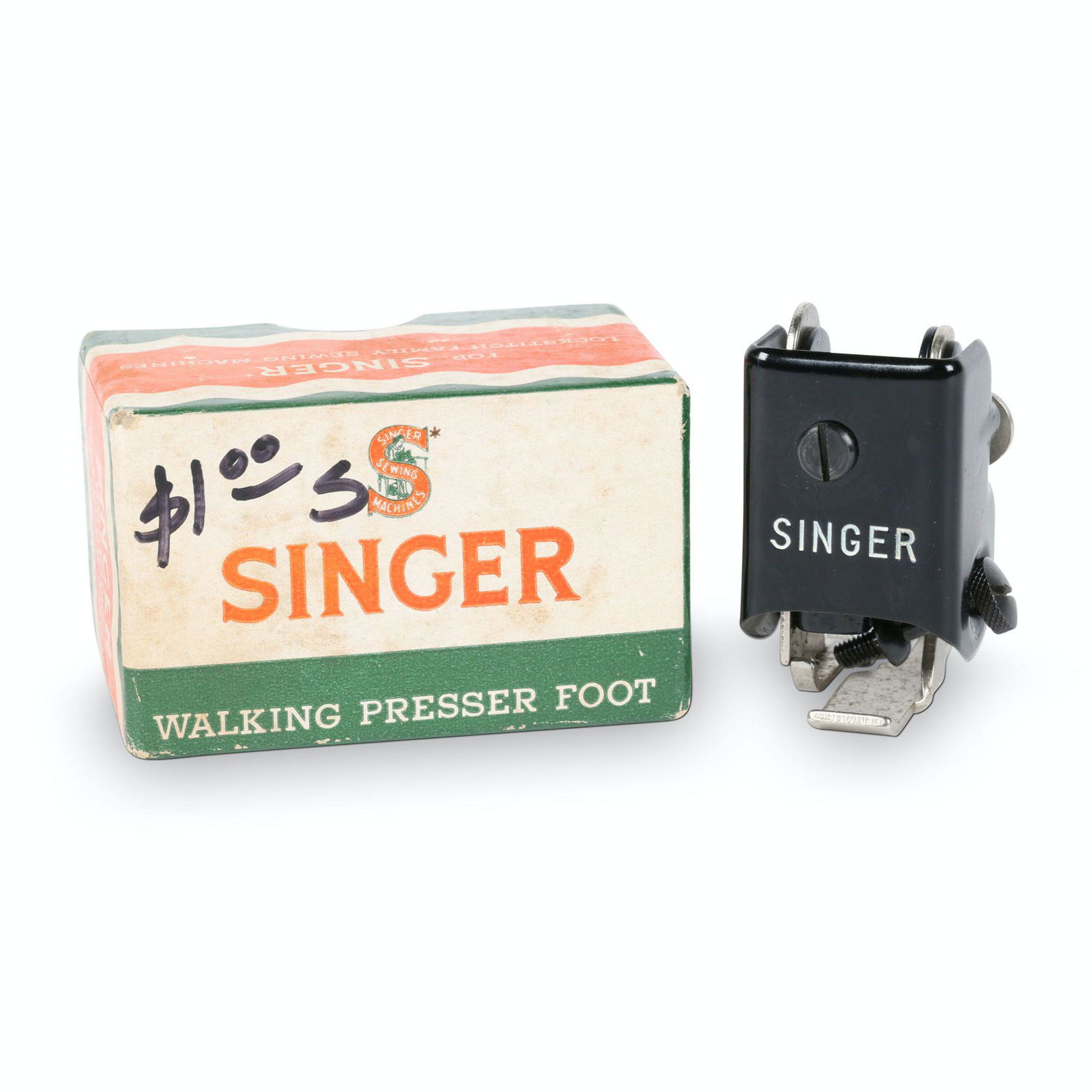 Singer Walking Presser "Penguin" Foot Accessory: American. 1950s. Part No. 160741 Box size is 2.75” x 1.75” x 1.75”H Nicknamed the â€œPenguin”, this sewing machine attachment was manufactured by the Singer Sewing Machine