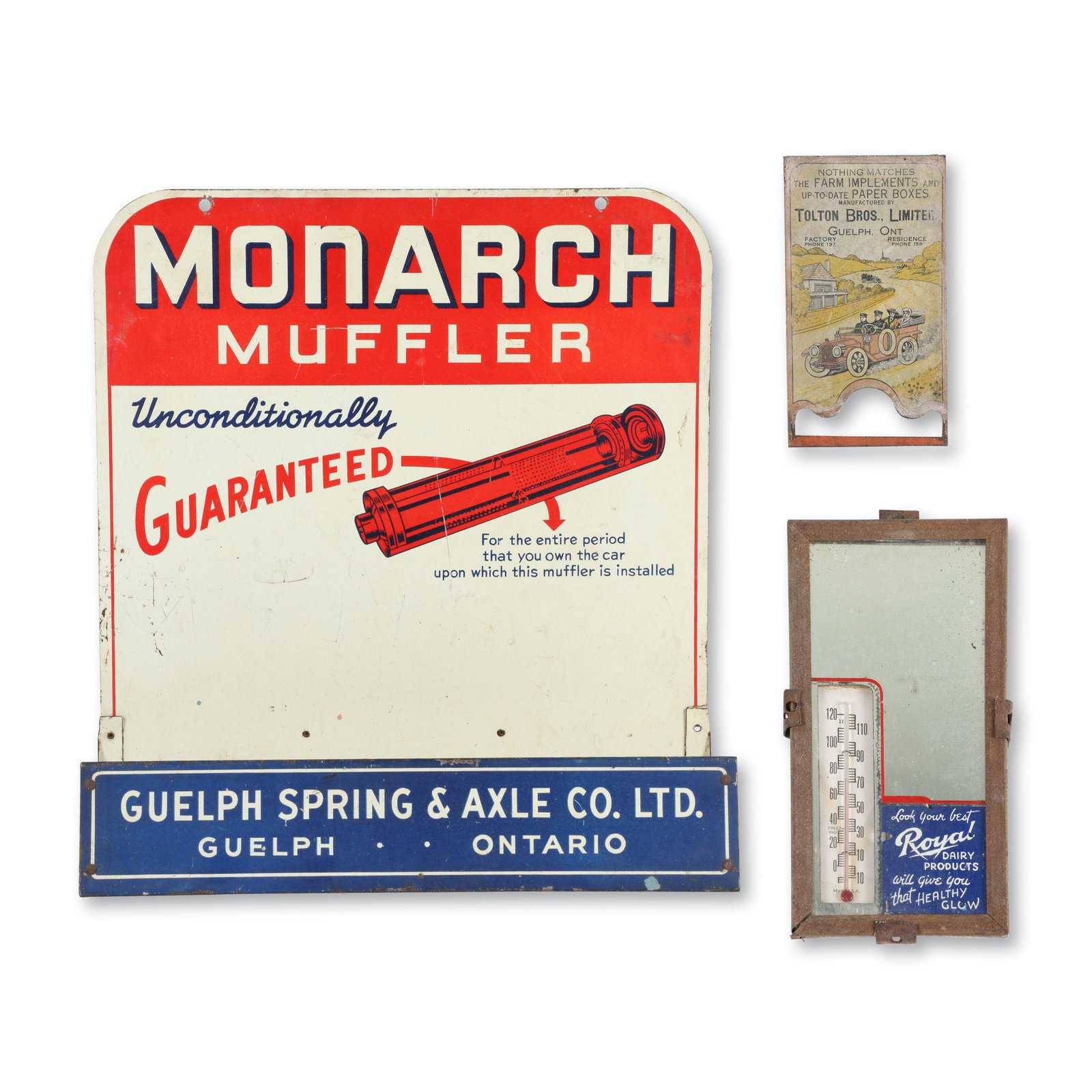 Guelph Automotive & Dairy Signs: Three (3). Canadian. 1930s-40s. Includes Monarch Muffler display rack, Royal dairy thermometer/mirror and Tolton Bros match safe panel.. 5.5" to 15" (h). Tolton Bros tin litho panel was once part of a