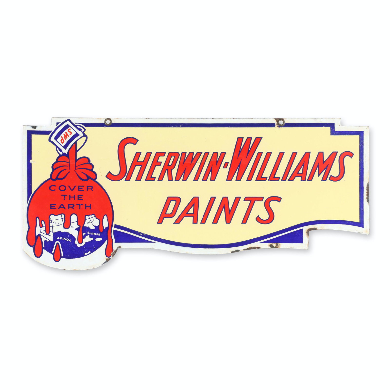 Sherwin-Williams Painted Porcelain Sign: Canadian. 1940s. 2-sided. 24" x 10.5". Exhibits minor porcelain loss, mostly along outer edges and mounting holes. Minor oxidation at edges. $400/600