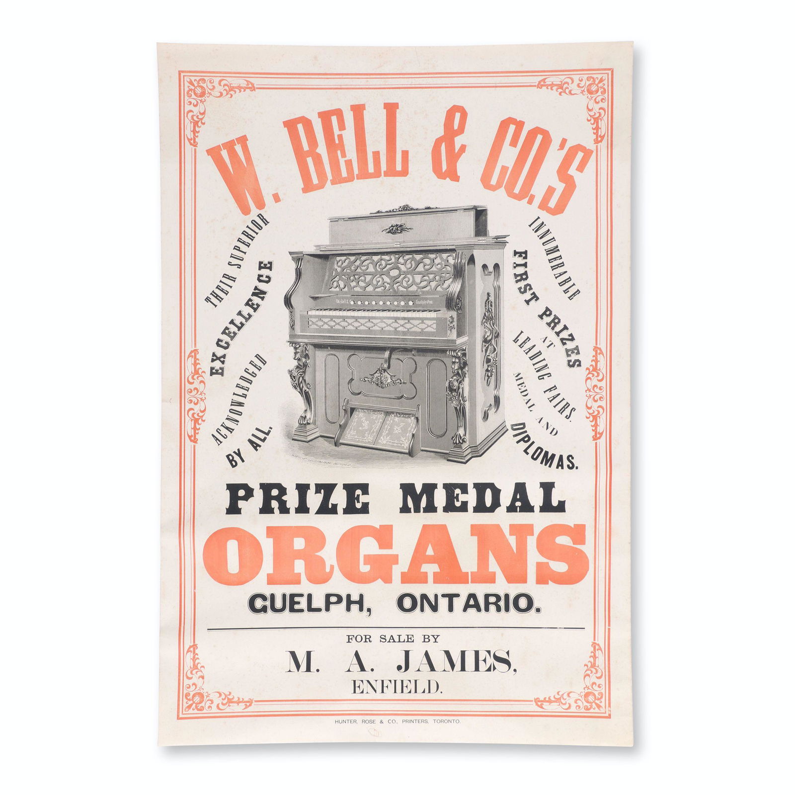W. Bell & Co. Organs Lithograph: Canadian. 1910s. Marked, "Hunter, Rose & Co., Printers, Toronto" lower edge. 29.5" x 20". $500/700