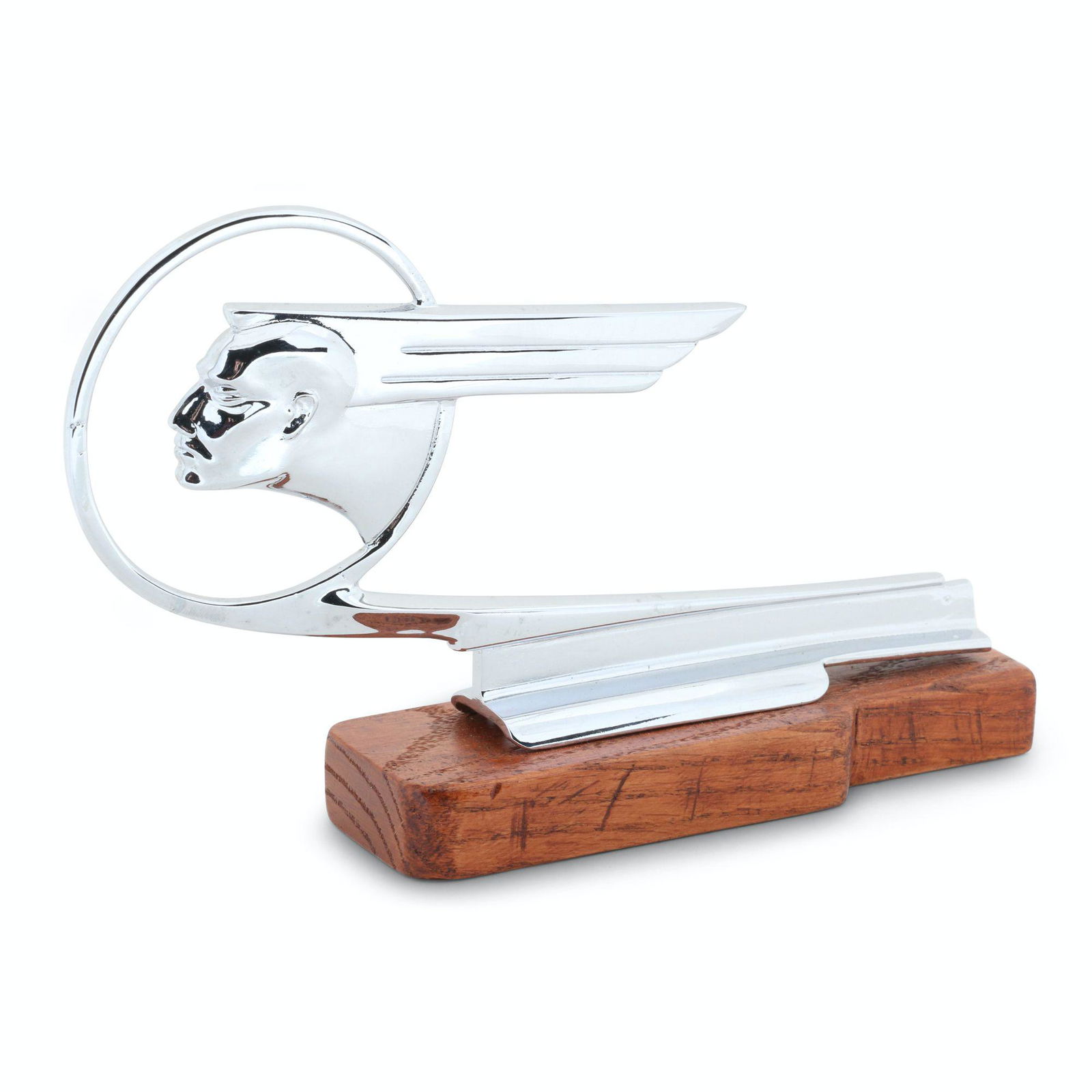 1935 Pontiac 6-Cylinder Hood Ornament: American. 1935. One marked, "Des Pat 89453 - T-29727" underside. 8.5" x 1.25" x 4.75". Re-chromed original. A few very minor pits evident beneath new plating. $400/600
