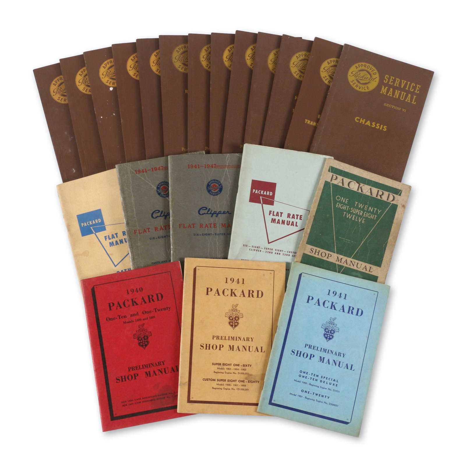 Packard 1940s Shop & Flat Rate Manuals: Twenty-One (21). American. 1940s. Approximately 9" (l) each. Minor edge wear and soil. Handwriting within. $300/500