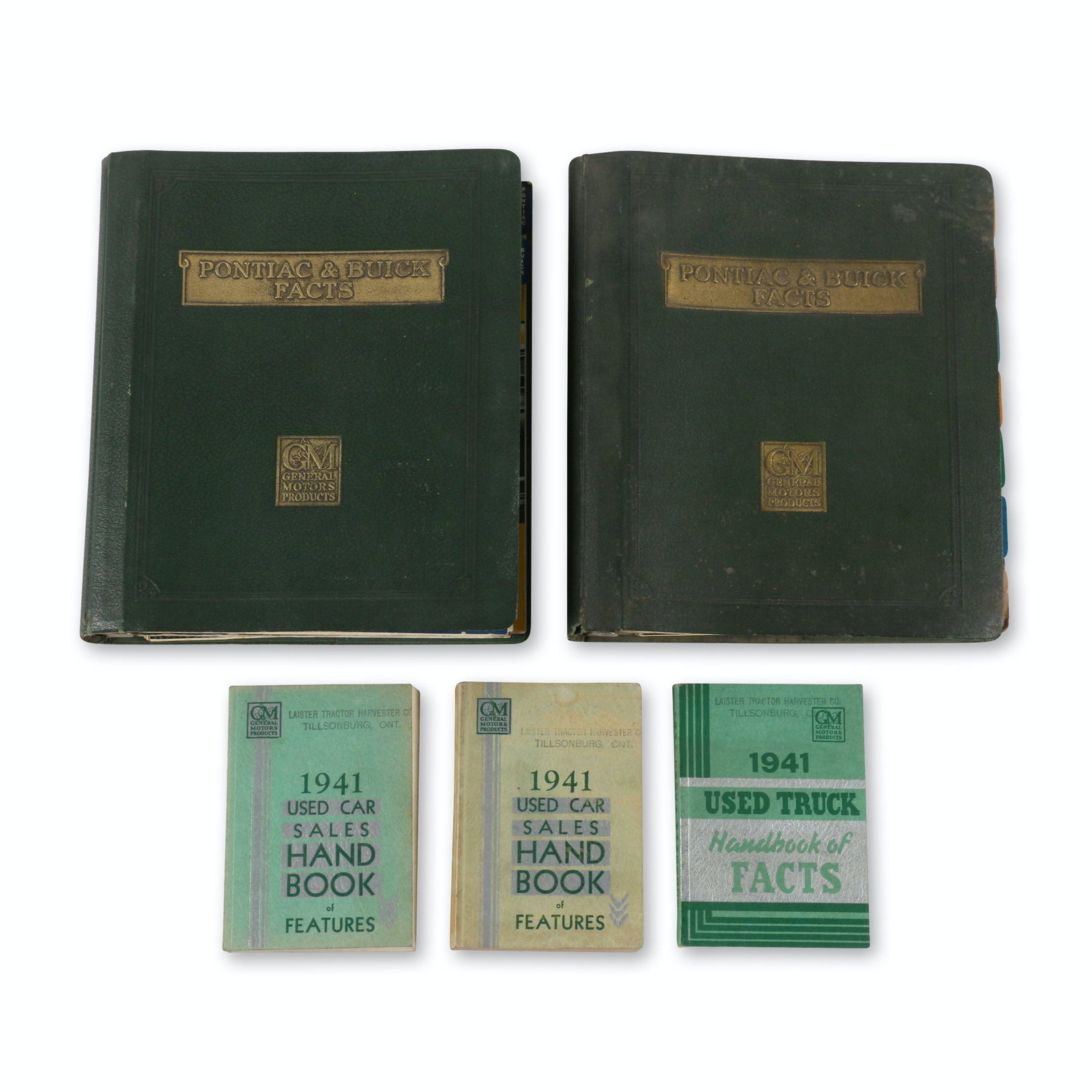 1941 Pontiac & Buick Dealer Facts Albums: Five (5). American. 1941. Rare. Made for the Canadian market. Includes both Truck and Car albums and three used vehicle dealer fact books. Originally issued to Lister Tractor Harvester Co., Tillsonbur