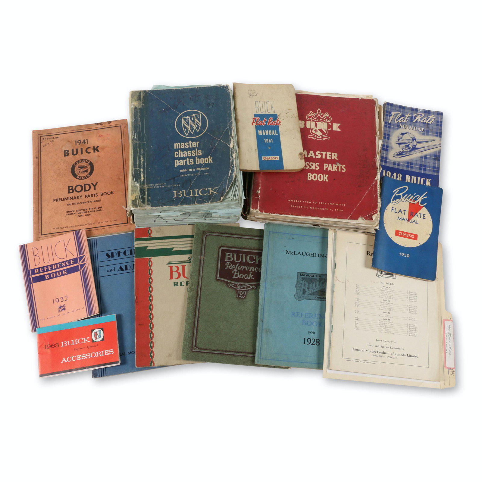 1930s-60s Buick Service Reference and Parts Books: Twelve (12). American. 1930s-60s. Approximately 6.25" to 11" (l). Parts books exhibits any loose pages, edge and cover wear from heavy use. $400/600