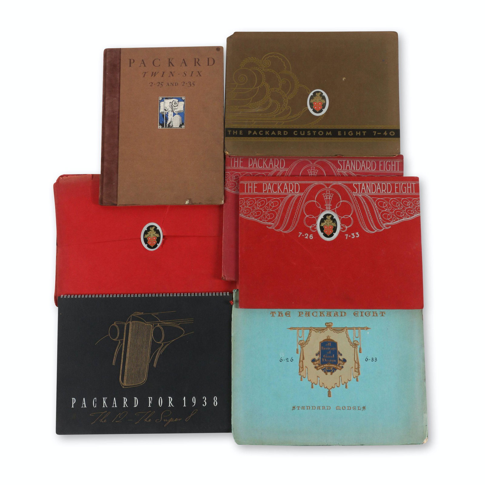Packard 1920s-30s Prestige Brochures: Seven (7). American. 1920s-30s. Approximately 13" x 10" each. Original envelopes exhibit heavy edge wear including separation and tears. Completeness unknown. $400/600