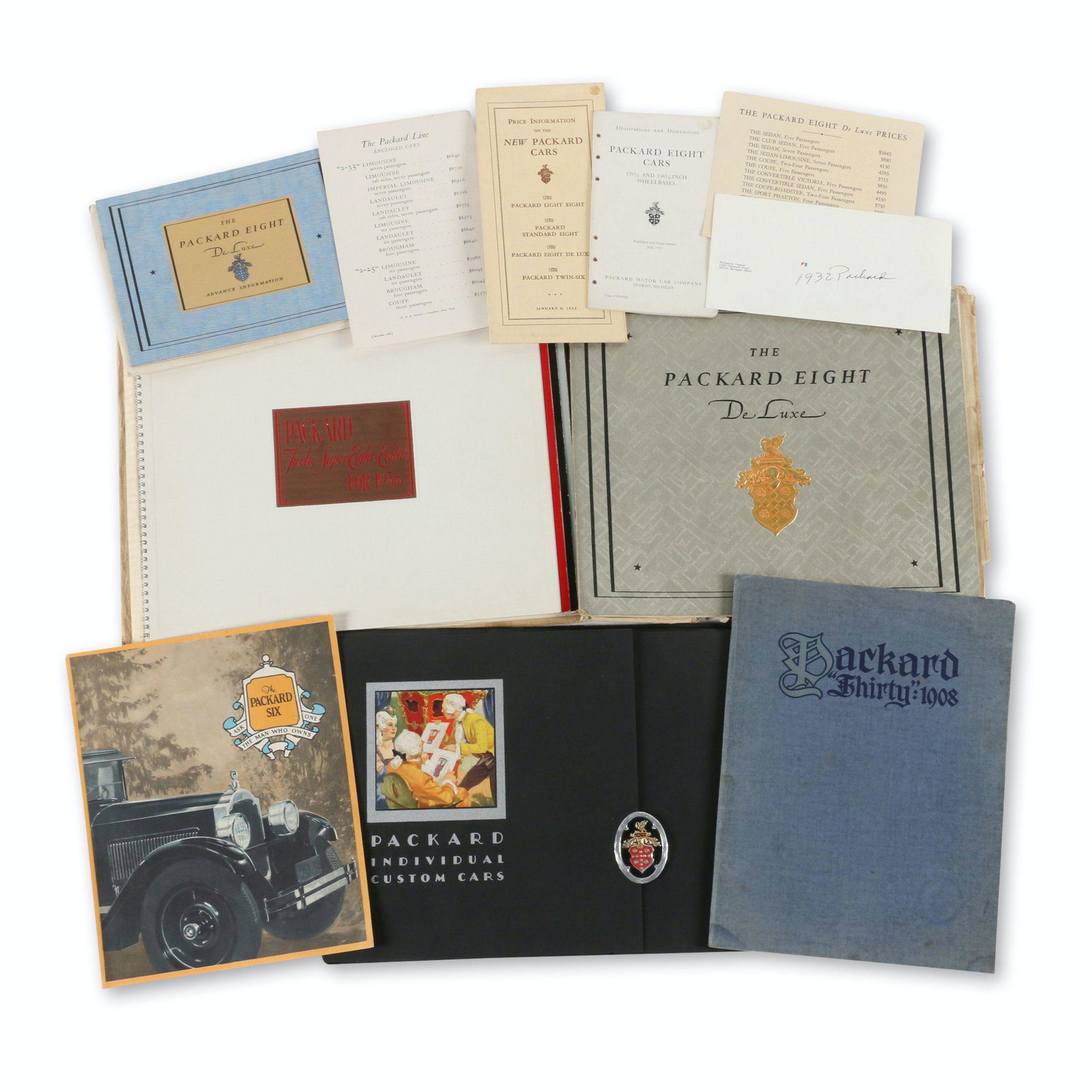 Packard 1920s-30s Prestige Brochures: Five (5). American. 1920s-30s. Approximately 9.5" to 14" (l). Original shipping envelopes exhibit heavy edge wear. Minor to moderate cover soil and spine wear. $400/600