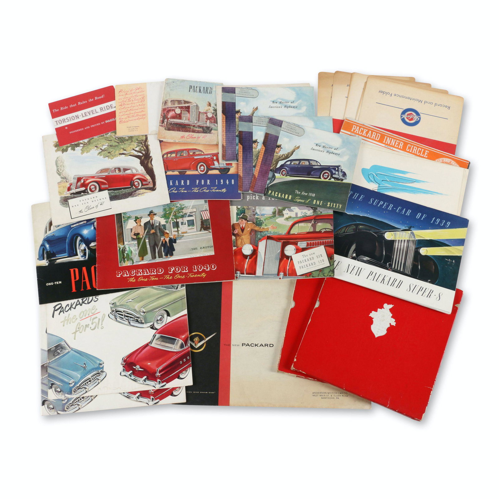 Packard 1940s Brochures: Twenty-One (21). American. 1940s. 9" to 16.5" (l). Minor to moderate edge wear, especially at spine. Original envelopes and covers exhibit moderate wear. $400/600