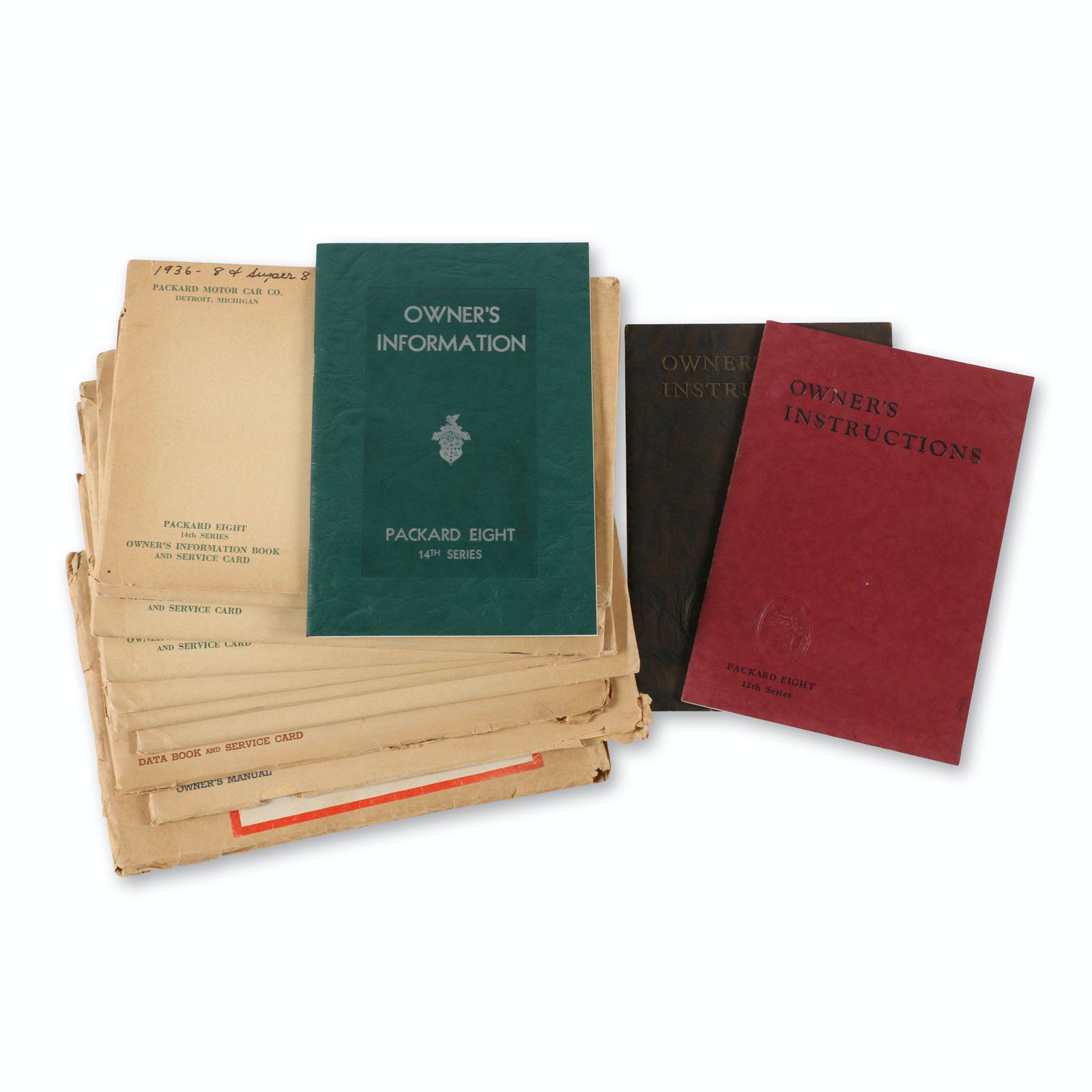 Packard 1930s Owner's Manuals: Twelve (12). American. 1930s. Approximately 7.75" x 5.25" each. 10 in original shipping envelopes. Shipping envelopes exhibit minor to moderate edge wear. $600/800