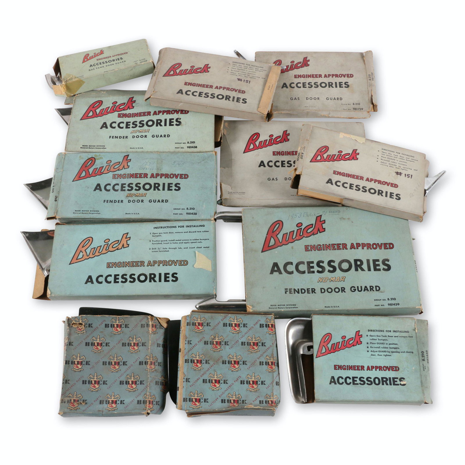 1940s-50s Buick Accessory Gas Door Guards: Twelve (12). American. 1940s-50s. Includes 10 accessory fender and gas tank door guards and two fuel tank doors. New Old Stock. $400/600