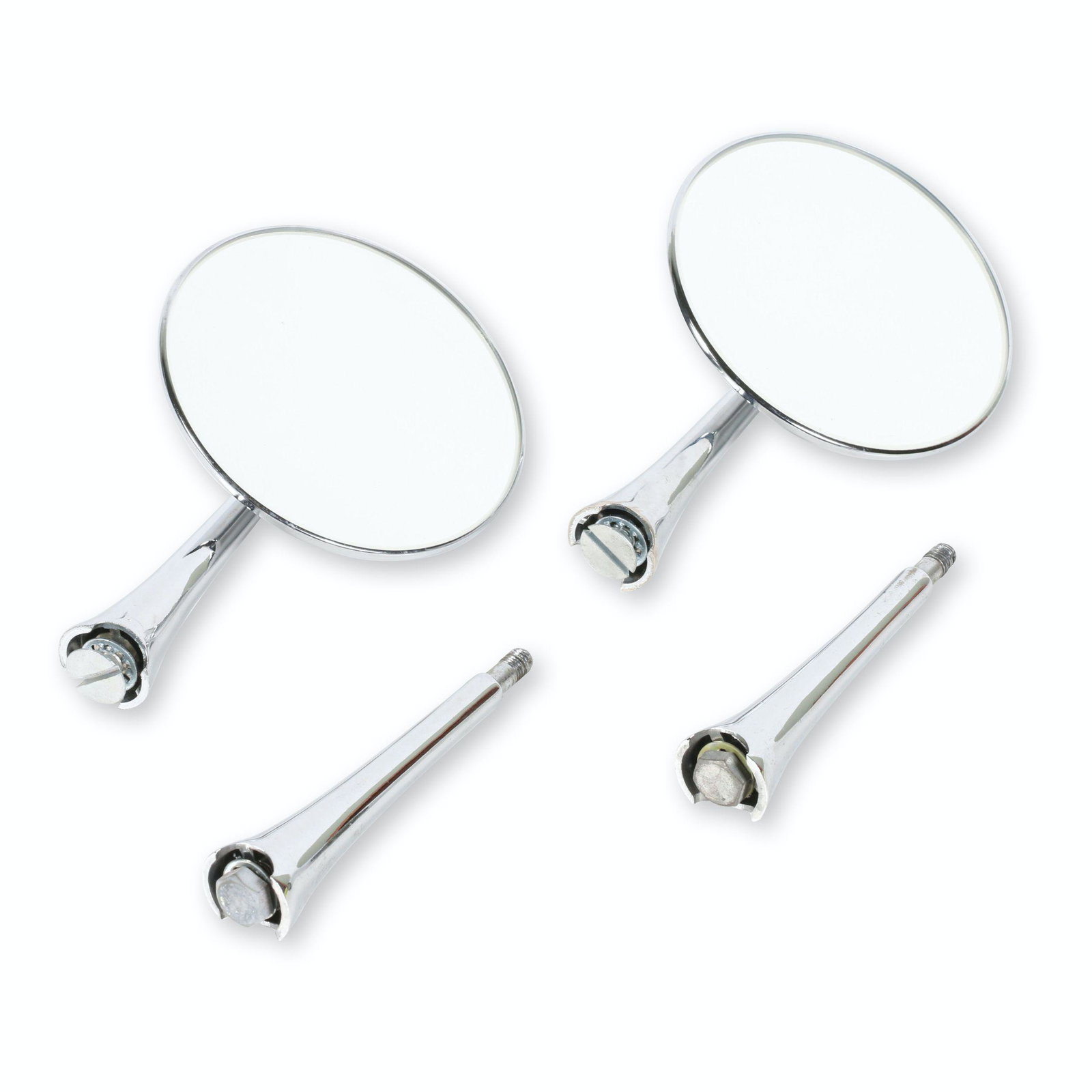 1930s Packard Accessory Side Mount Mirrors: Four (4). American. 1930s. Includes two extra mounting posts. Rear of mirrors stamped, "Packard See-Rite Reg US Patent Office". 4.5" diameter mirrors. $300/500