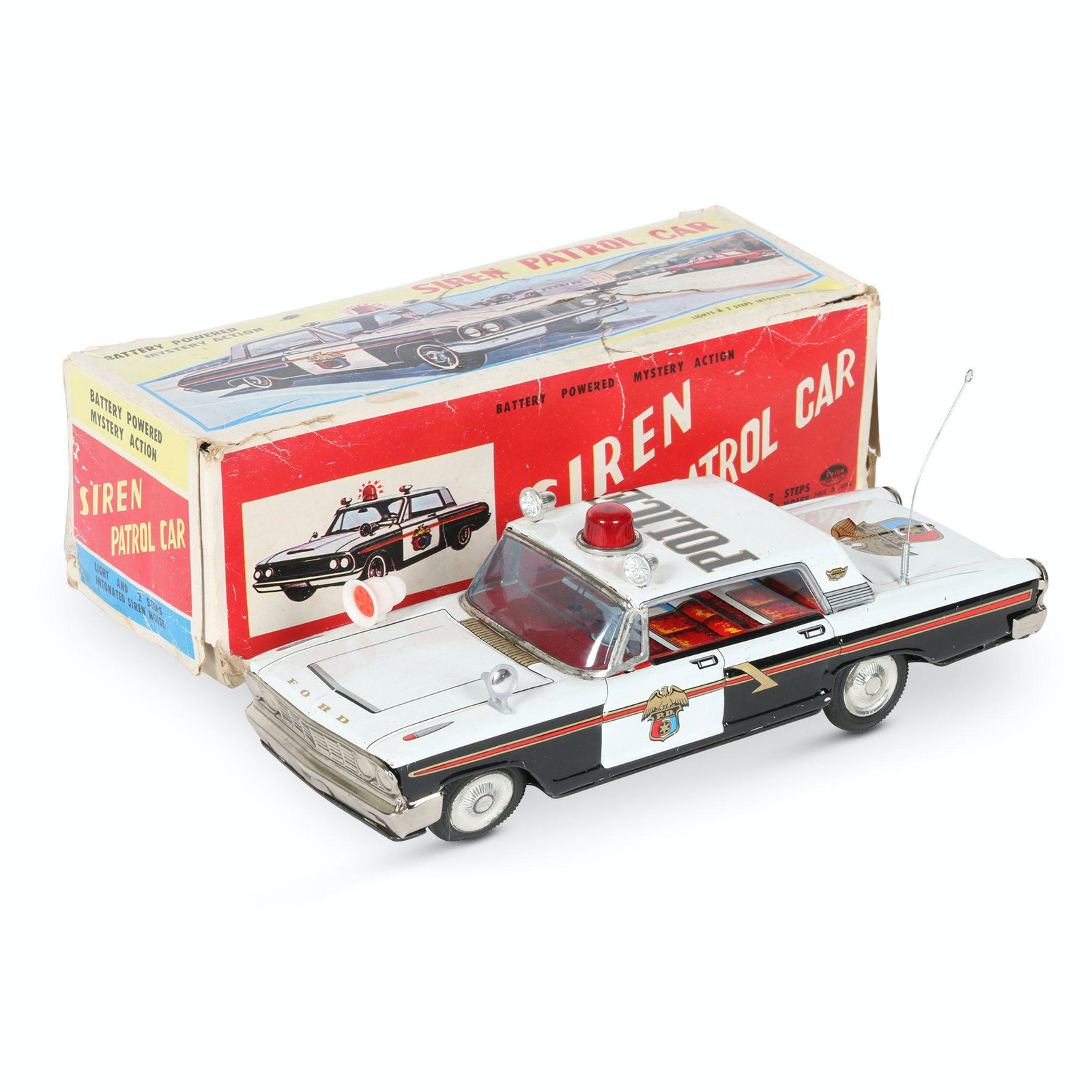 Boxed Japanese Tin Litho 1963 Ford Police Car Toy: Japanese. 1960s. Lithographed tin with plastic components. Box marked, "Taiyo World Toy - Made in Japan". 13 x 5 x 4" (h). Tested and functioning. Original box exhibits scattered tears and stains.