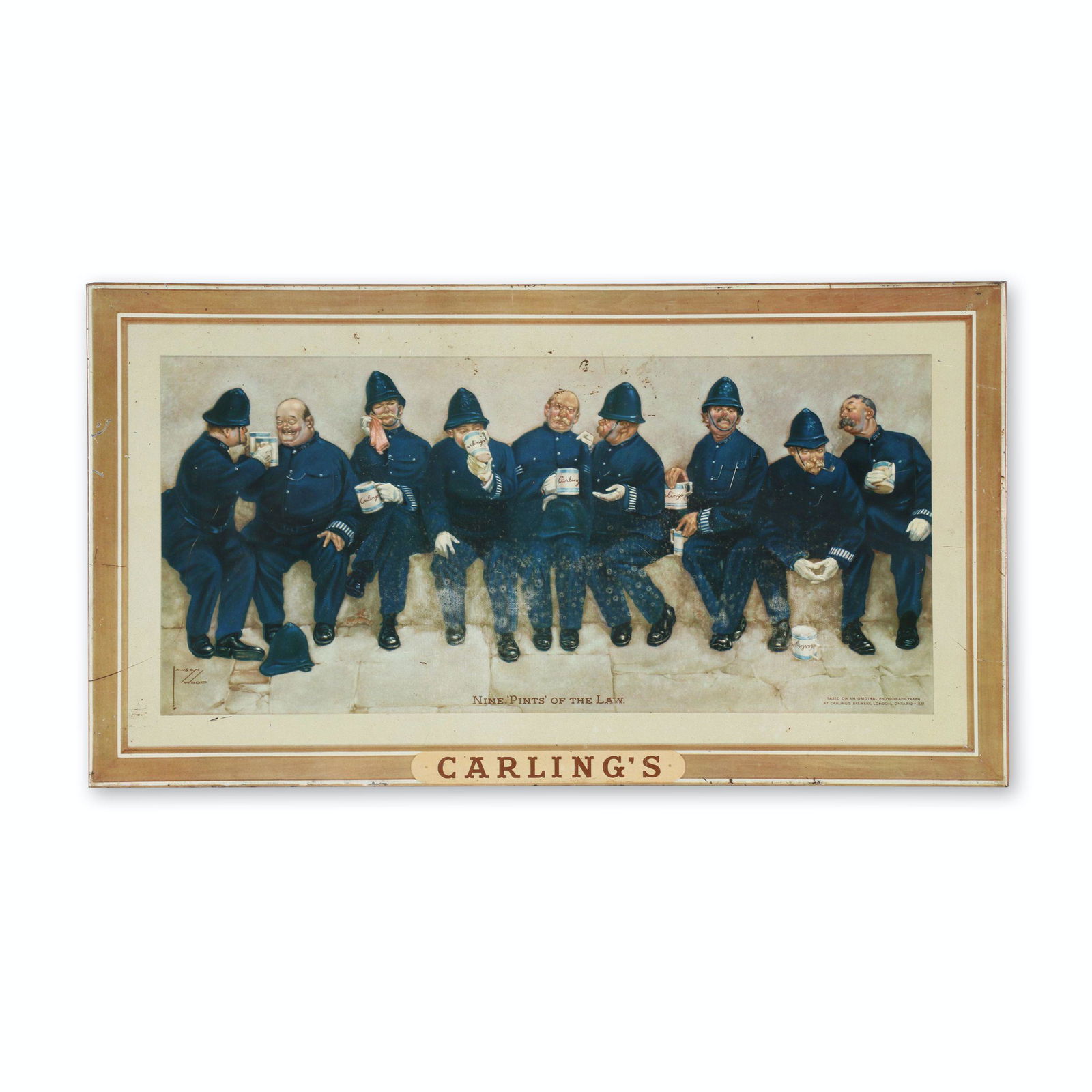 Carling's "Nine Pints of the Law" Tin Litho Sign: American. 1950s. Single-sided lithographed tin-over-cardboard. Marked, American Art Works, Inc Coshocton, Ohio" rear. 21.5 x 12". Surface exhibits creases and shallow impressions. Moderate fade, espec