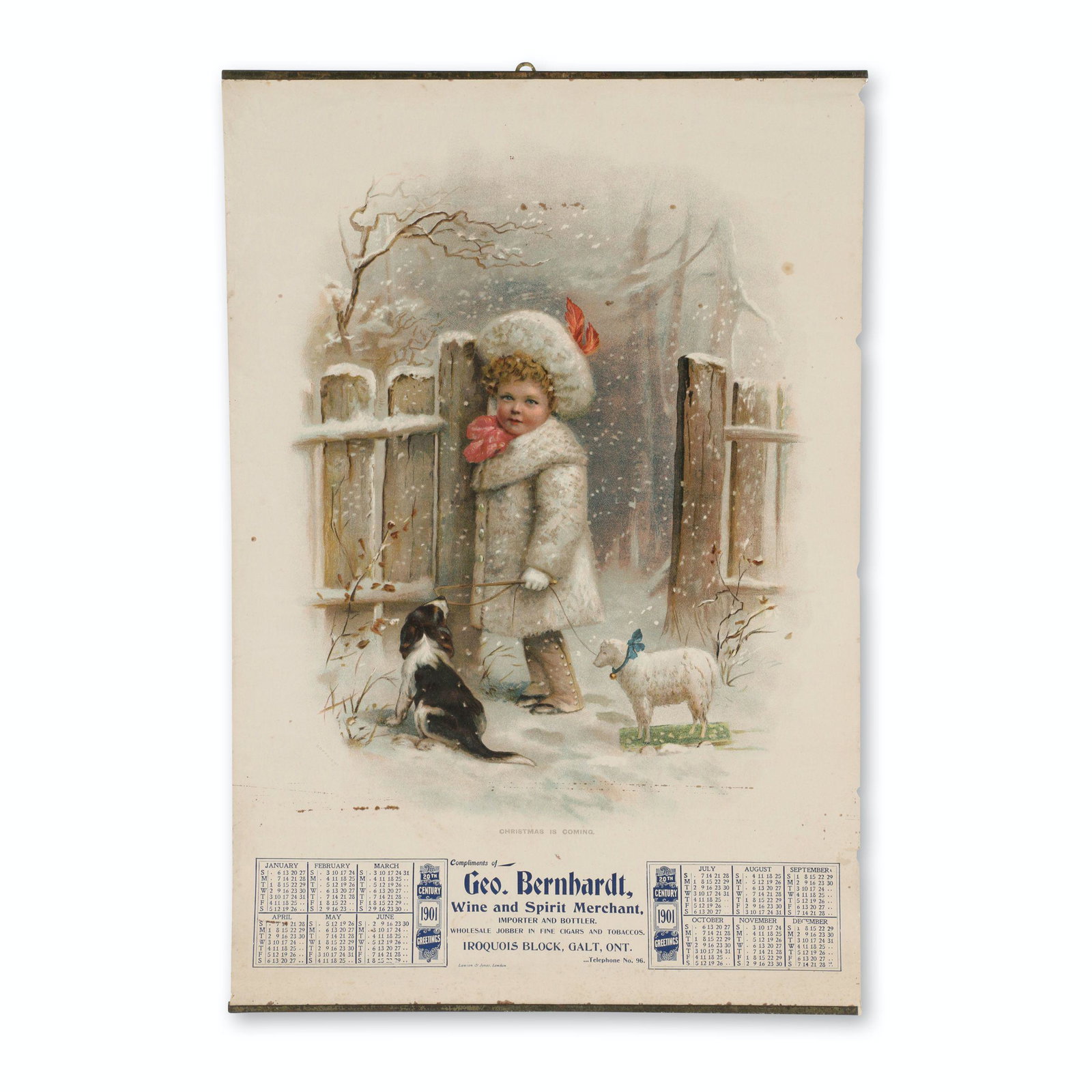 1901 George Bernhardt, Galt Merchant Calendar: Canadian. 1901. Marked, "Geo. Bernhardt - Wine & Spirit Merchant - Iroquois Block, Galt, Ont". Lithographed by "Lawson & Jones, London" lower right edge. 21.5 x 14.5". Minor edgewear and scattered spo