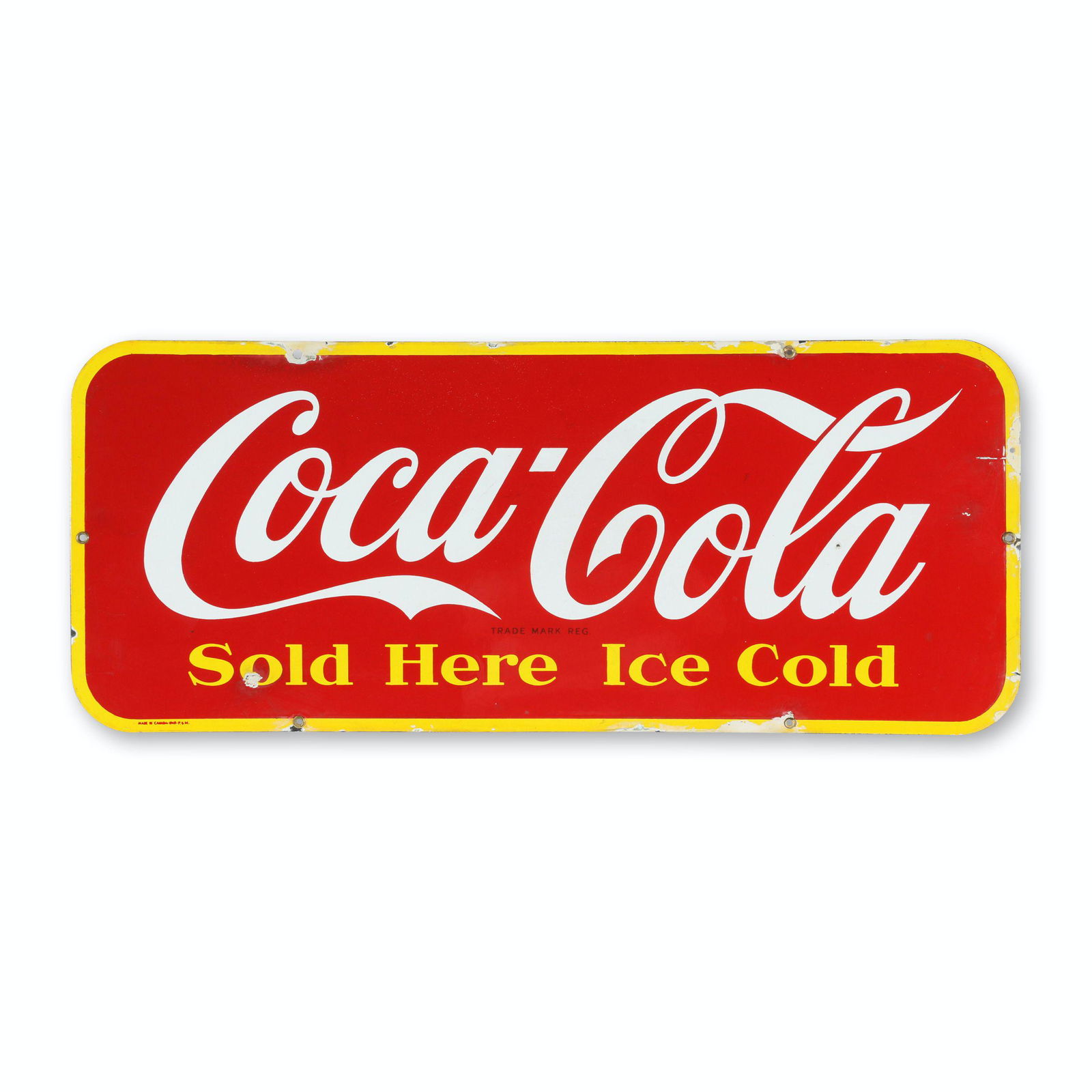 Coca-Cola Porcelain Kick Plate Sign: Canadian. 1948. Single-sided porcelain. Marked, "Made in Canada - 1948 - P&M". 29.25 x 12.25". Minor porcelain loss at edges with amateur touch-up.