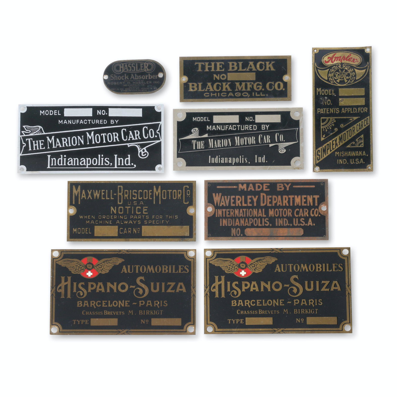Assorted International Automobile Body Tags: Nine (9). American & International. 1930s. Includes tags marked, "The Marion Motor Car Co., "Maxwell-Briscoe Motor Co.", "Automobiles Hispano-Suiza", "Hassler Shock Absorber", "The Black Mfg Co.", "Si