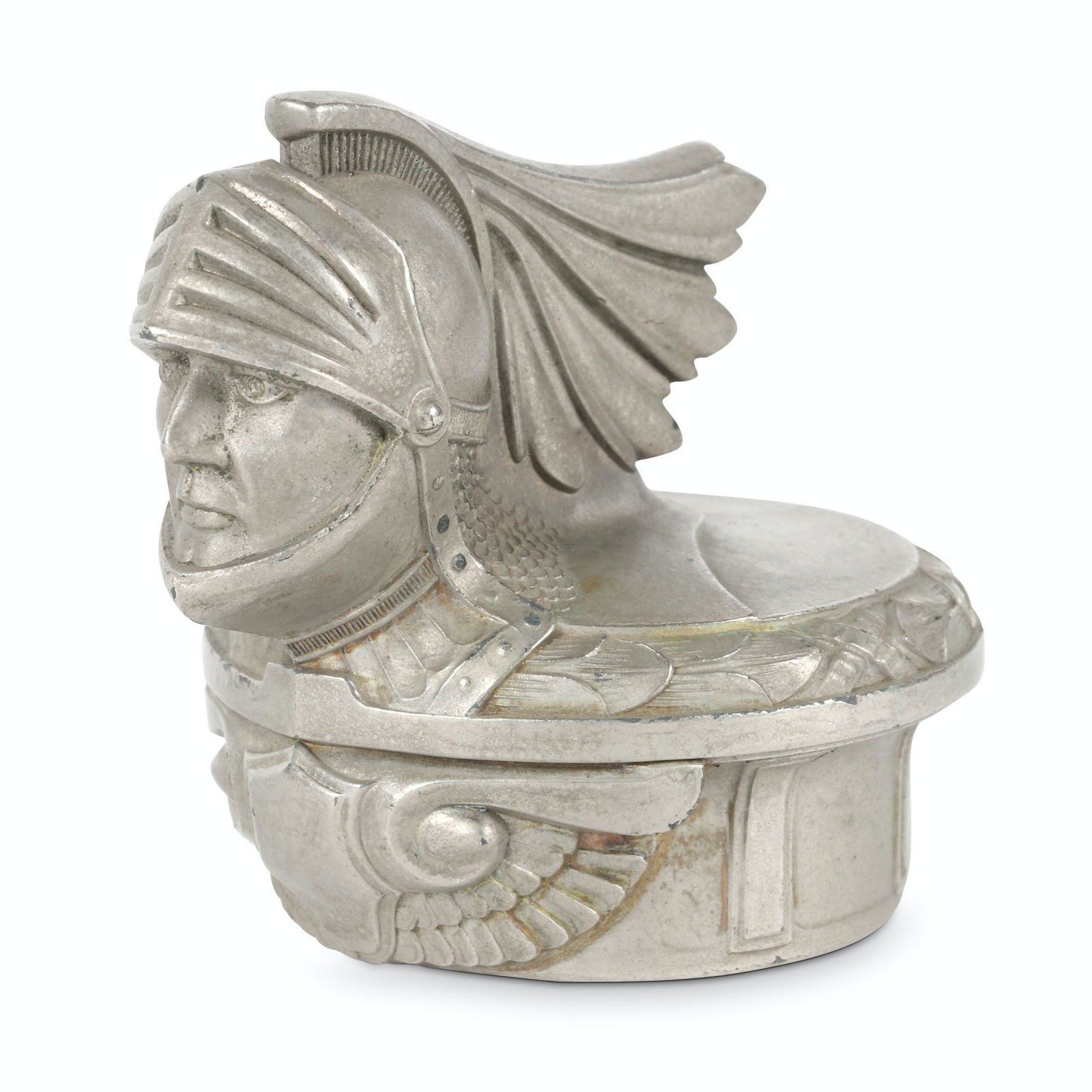 1926 Willys-Knight Hood Ornament: American. 1926. Figural rad cap. Marked, "The Stant Machine Co., Connersville, Indiana - Pat 10-2-23 Others Pend - Stanco Cap Seal". 3.25 x 3.5 x 2.5". Minor surface oxidation.
