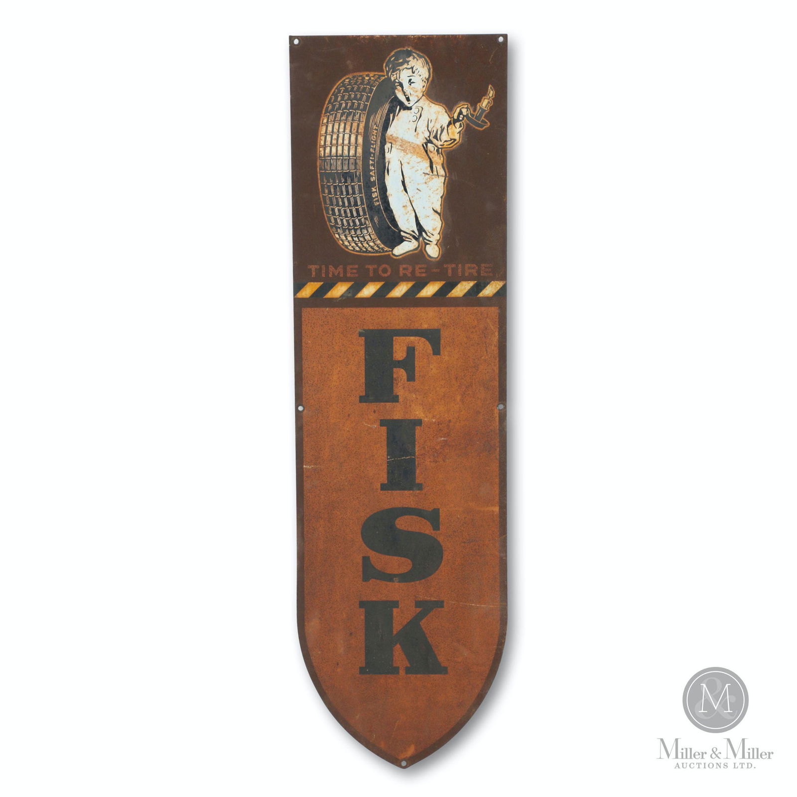 Fisk Tires Vertical Sign: American. 1950s. Features famous "Fisk Boy" graphic with slogan "Time to Re-Tire". 4' x 14". Surface exhibits heavy, uniform oxidation, mostly to the background colours.