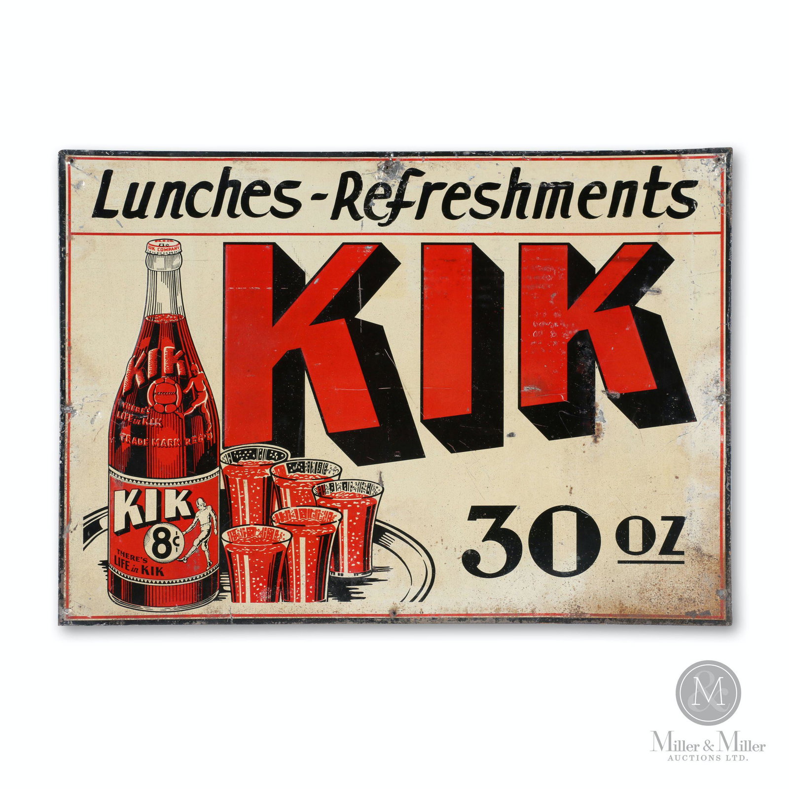 KIK Cola Tin Litho Sign: Canadian. 1940s. Single-sided lithographed tin. Rare. Marked, "Continental Can - 53" lower center edge through added mounting hole. 27.5 x 19.5". Exhibits surface wear including shallow creases, minor