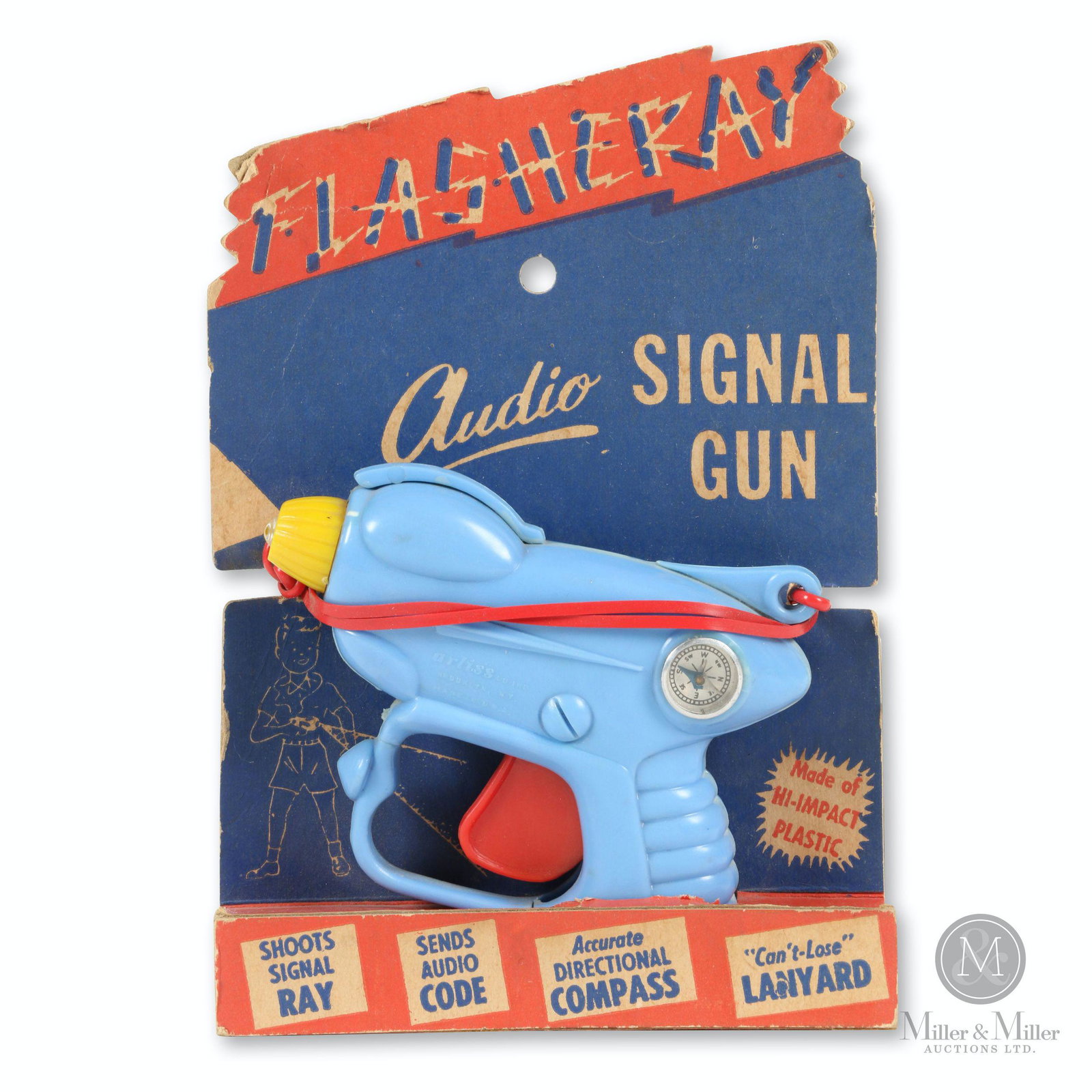 Flasheray Audio Toy Signal Gun: American. 1950s. Plastic. Marked, "Arliss Company Inc. Premier Plastic Division Brooklyn, N.Y" lower rear edge. 6.5 x 4.5 x 1.25". Cardboard package exhibits minor edge impact and warp.