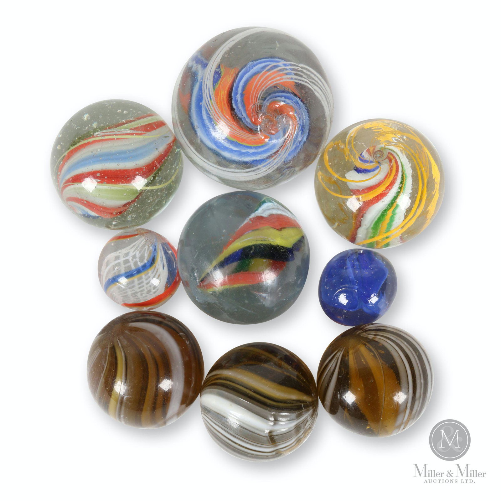German Hand Blown Marbles: German. 1900s. Glass. 0.75 to 1.25" diameter. A few minor fisheyes. Includes examples with ground and polished pontil scars.