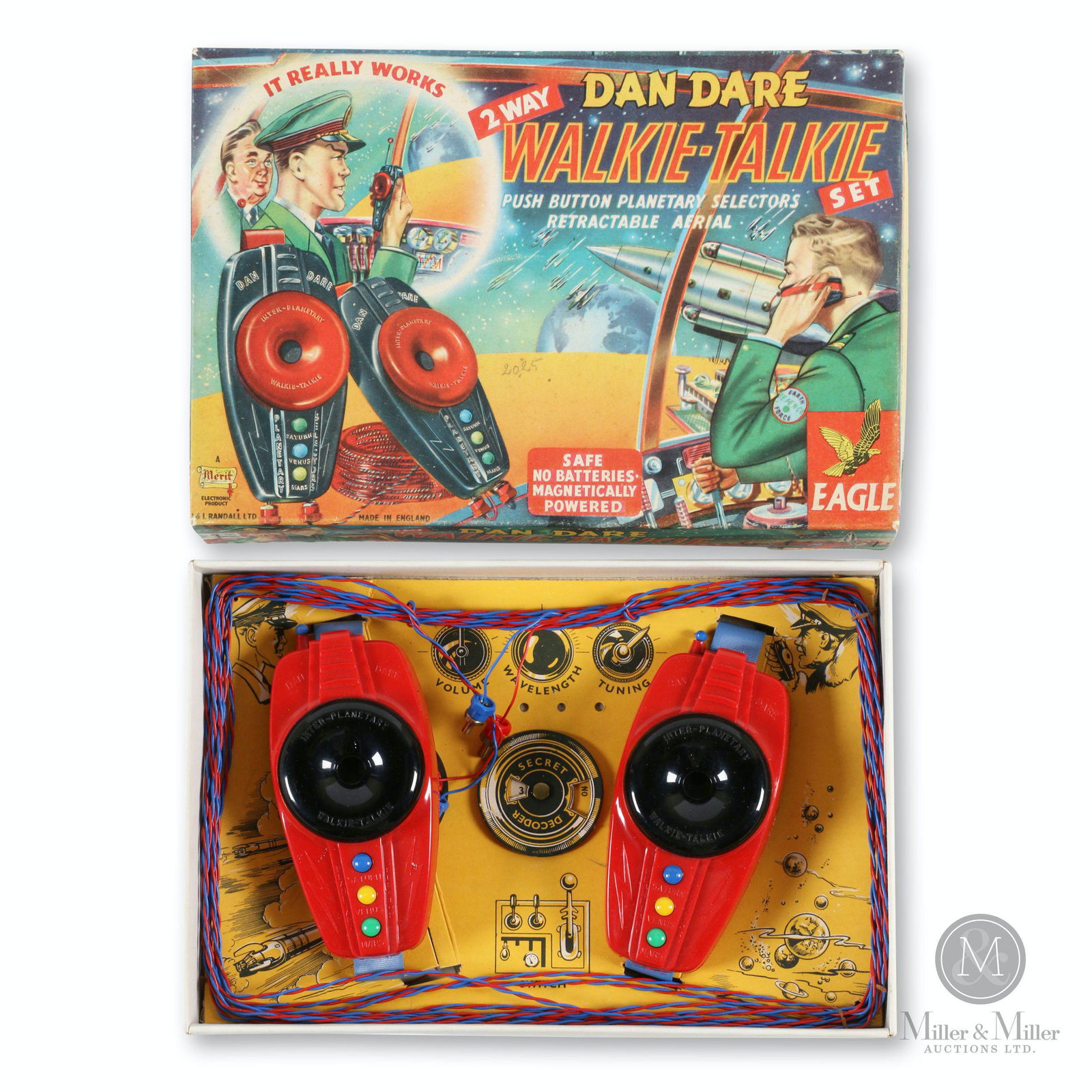 Boxed Dan Dare Space Walkie-Talkie Toy Set: English. 1950s. Marked, "L & L Randall Ltd. Made in England - A Merit Electronic Product" lower left edge. Box 11 x 7.5 x 2".