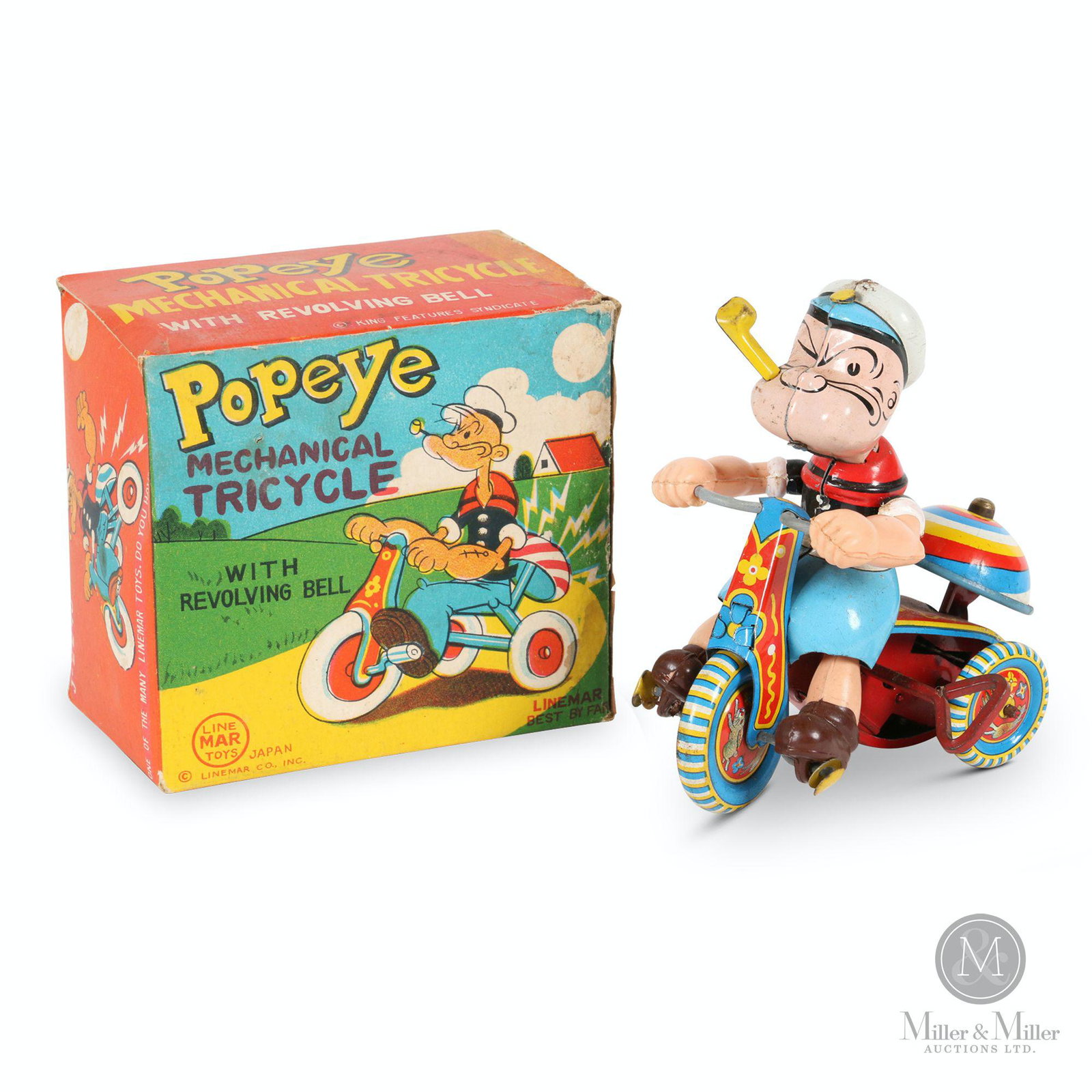 Boxed Linemar Popeye Tricycle Tin Litho Toy: Japanese. 1950s. Lithographed tin with celluloid arms and legs. Marked, "Linemar Co. Inc. King Features Syndicate Japan" rear toy and box. Box 4 x 2.5 x 4" (h). Functioning. Box and toy exhibit very m