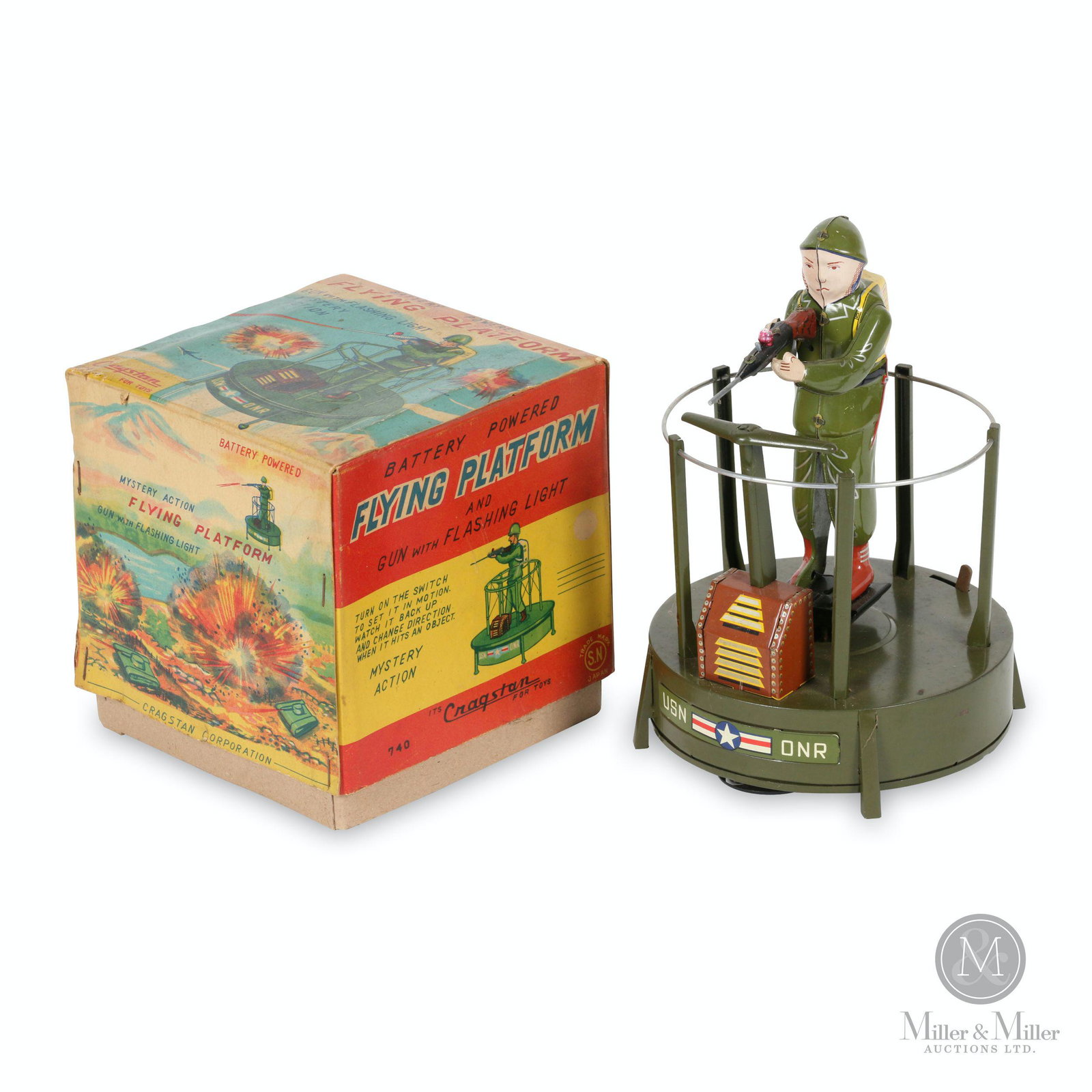 Boxed Cragstan Flying Platform Tin Litho Toy: Japanese. 1950s. Lithographed tin. Box marked, "Cragstan Corporation 740". Box 6 x 6 x 6" (h). Box exhibits very minor creases and edge wear.