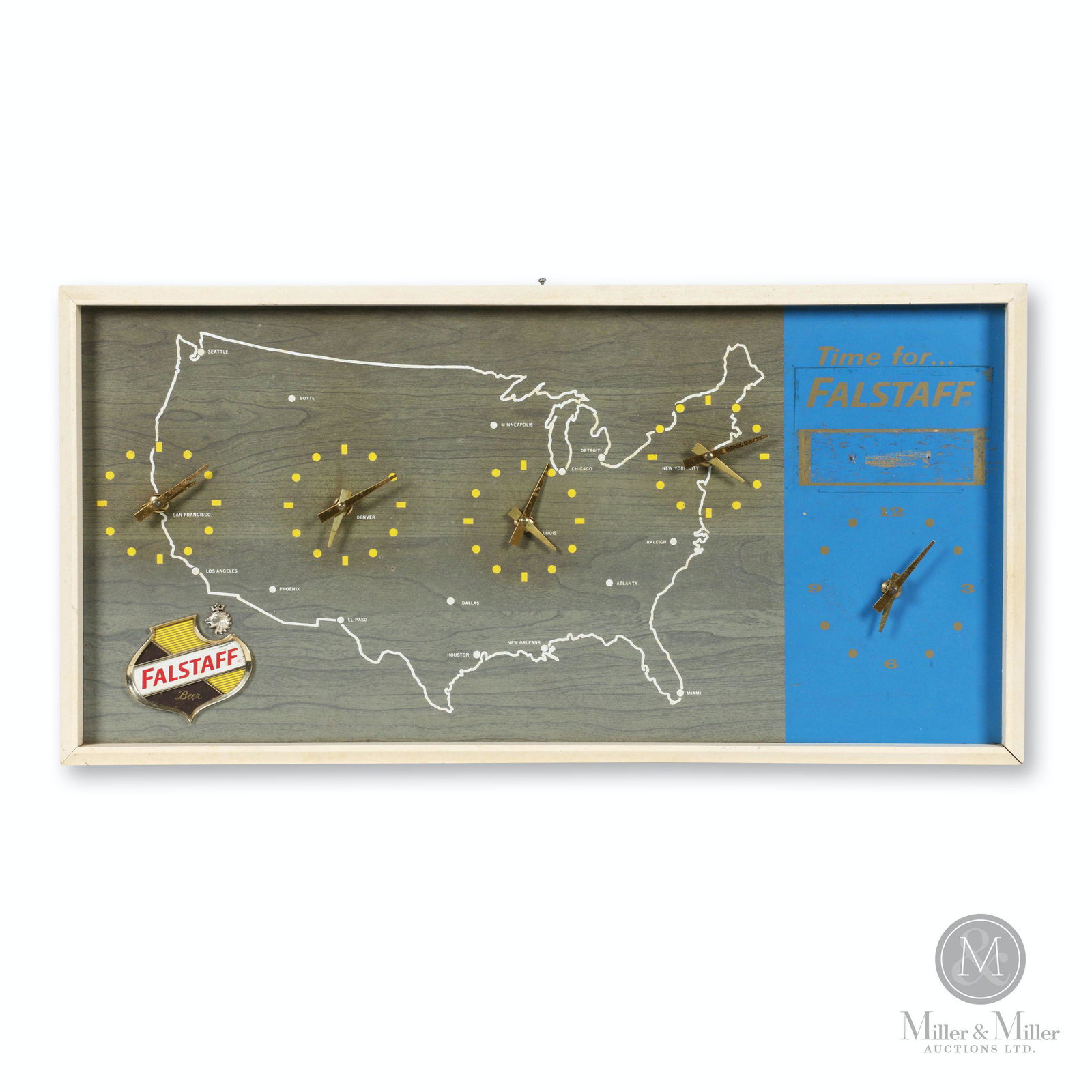 Falstaff Beer World U.S Time Clock: American. 1960s. Marked, "Manufactured by the Photoplating Co. Minneapolis, Minn. Point-Of-Purchase Advertising" rear label. 30 x 15.5 x 3". Current time clock (right quarter) not functioning.