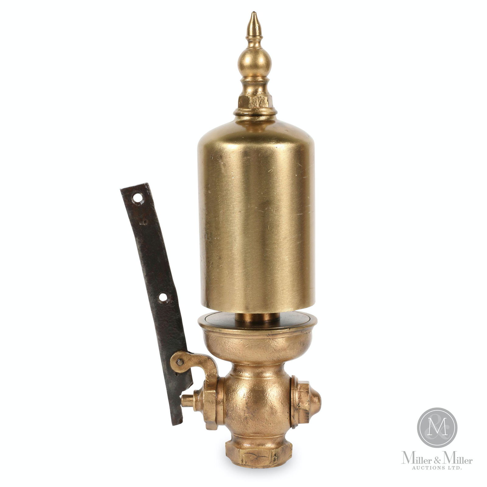 T. McAvity, New Brunswick Brass Steam Whistle: Canadian. 1930s. Brass. Bell stamped, "T. McAvity & Sons St. Johns NB" upper quarter. 4" diameter bell, 15" (h). Replaced lever. Polished and lacquered.