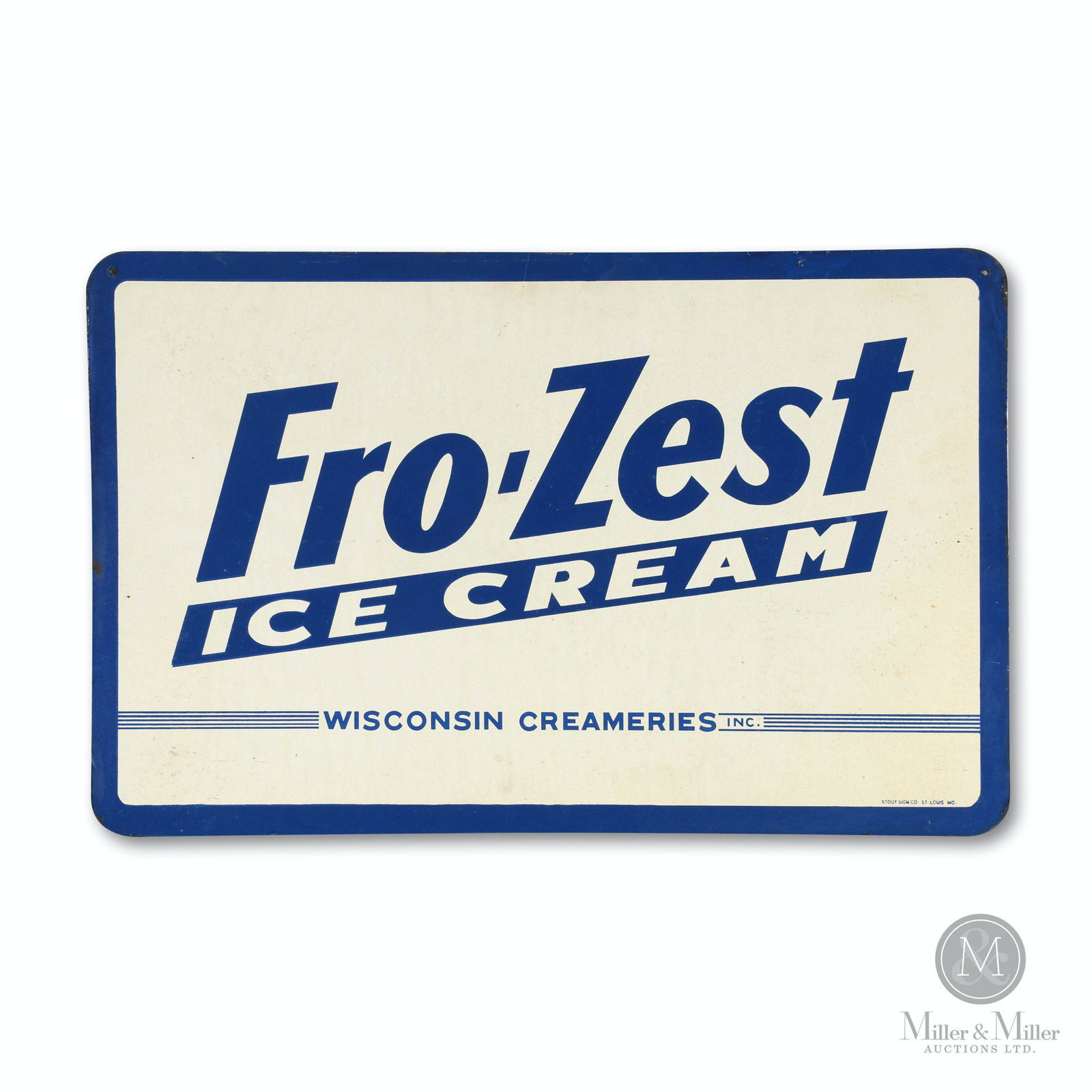 Fro-Zest Ice Cream Masonite Sign: American. 1960s. Single-sided masonite. Marked, "Stout Sign Co., St. Louis MO." lower right edge. 31.25 x 20". Minor discolouration to surface.