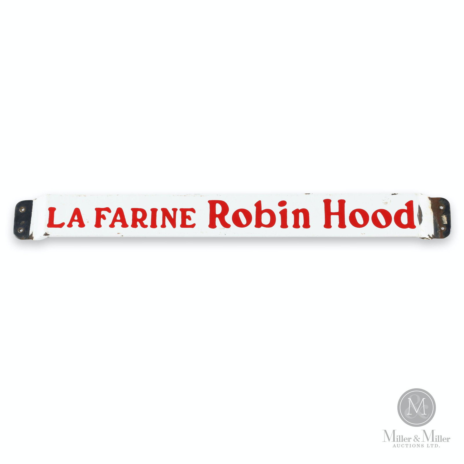 Robin Hood Flour Porcelain Door Push Bar: Canadian. 1940s. Porcelain. French version. 31 x 3.25 x 1.25". Scattered porcelain loss, especially at right side mounting flange end. Exhibits minor warp.