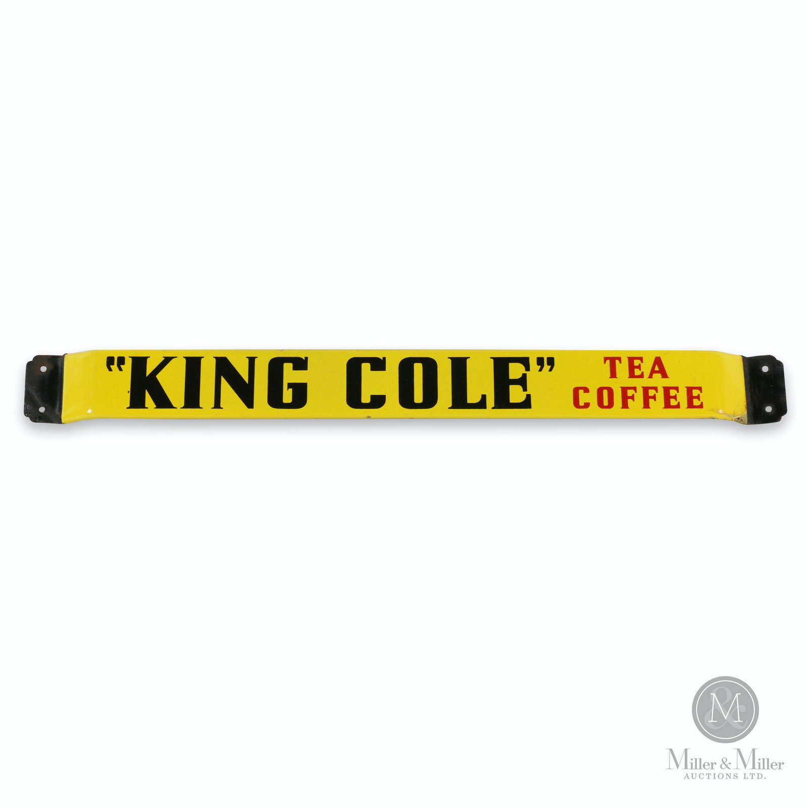 King Cole Tea & Coffee Porcelain Door Push Bar: Canadian. 1940s. Porcelain. 32 x 3 x 1.25". Touched up porcelain loss most noticeable around mounting ends.
