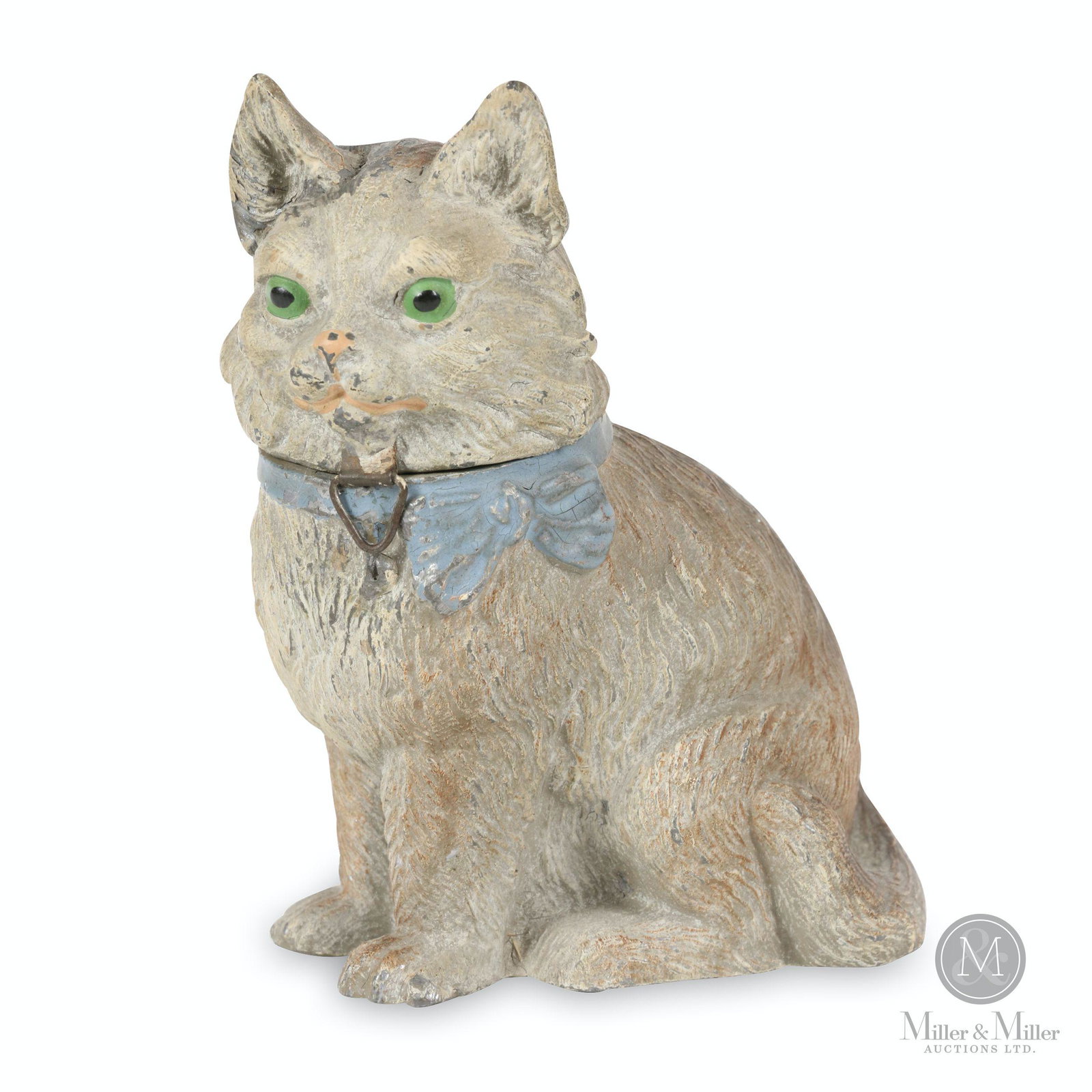 German Painted Spelter Cat Still Bank: German. 1910s. Painted spelter. Head swings back for access. 3 x 2 x 4" (h). Exhibits impact to left ear resulting in split through top head. Requires lower front clasp.