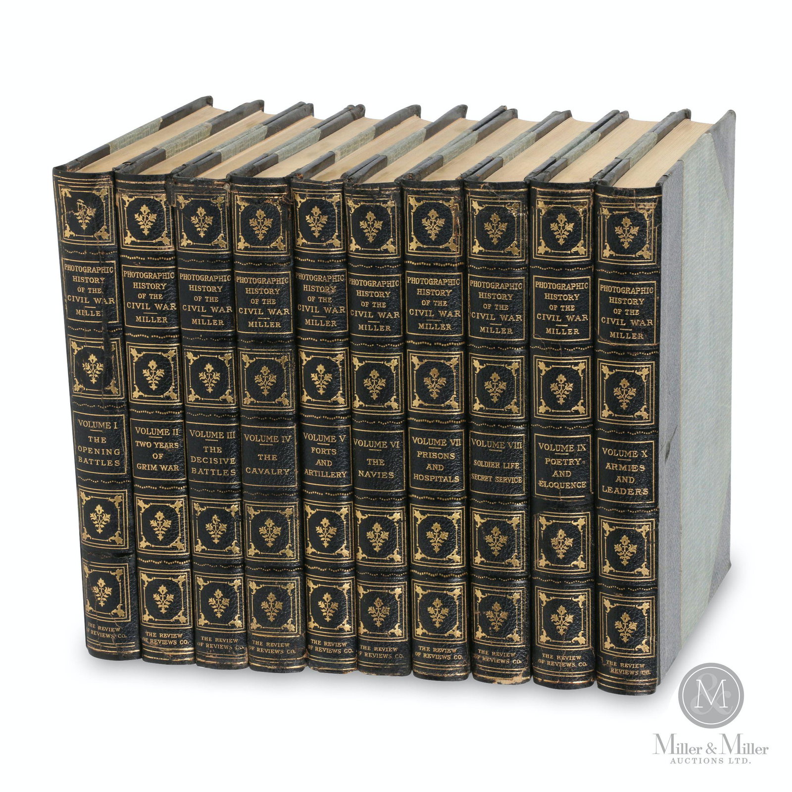 Photographic History of the Civil War, Set: Ten (10). American. 1912. Complete 10 volume fully illustrated set. Deluxe edition, 4to, ½ black leather and gilt decorated. By Francis Trevelyn Miller - Editor in Chief, Robert S. Lanier - Man