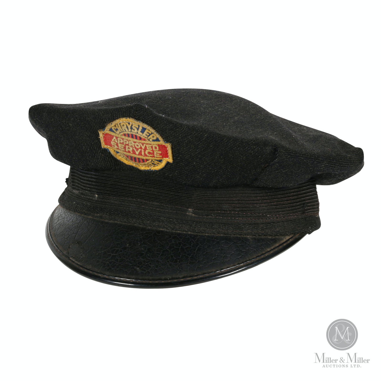Chrysler Plymouth Service Attendant's Cap: American. 1940s. Wool. Marked, "The Princeform Cushion Uniform Cap" inner band. Size 7. Exhibits minor soiling, one split seam and blemish to upper beak.