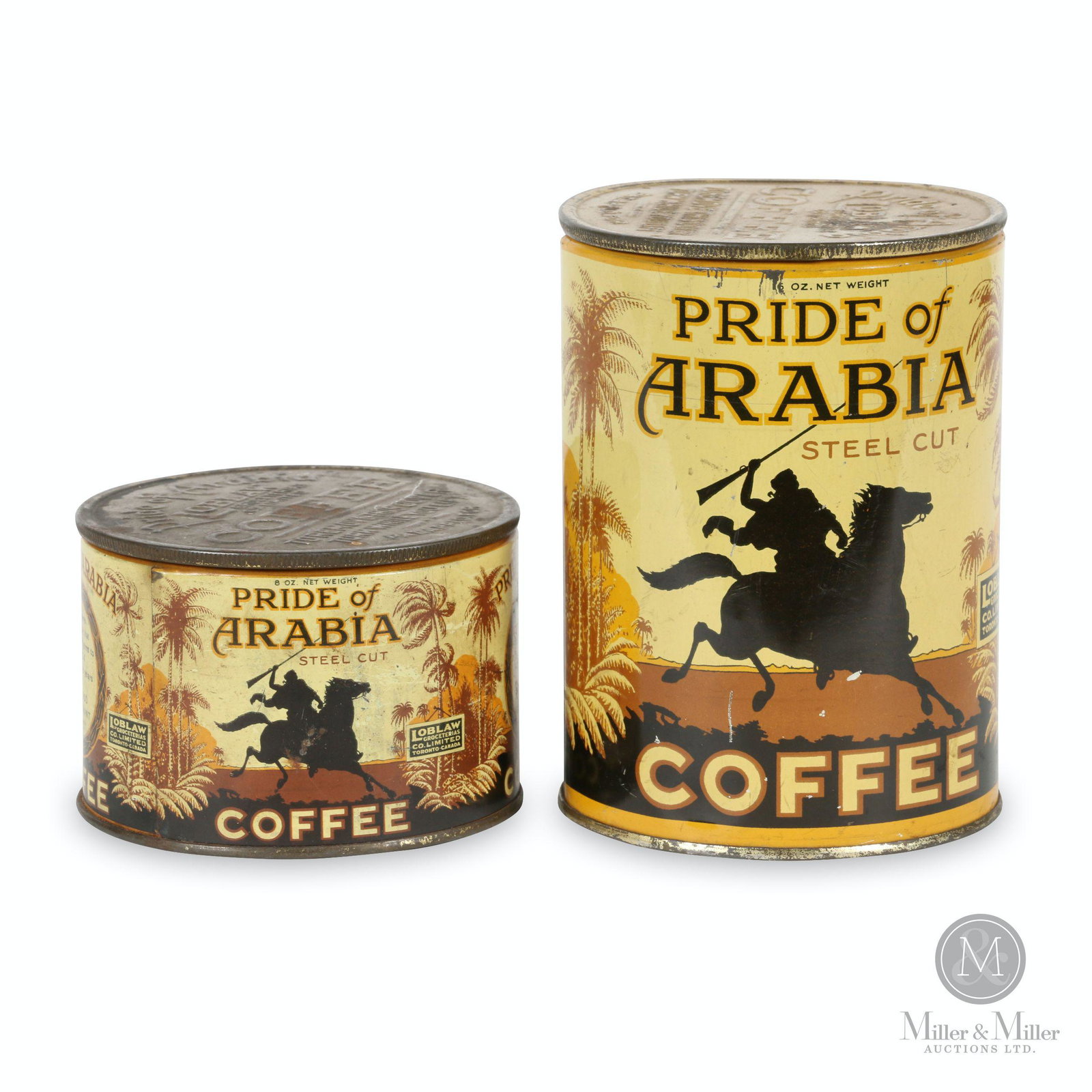 Loblaw's Pride of Arabia Tin Litho Coffee Tins: Two (2). Canadian. 1950s. Lithographed tin. Includes 8 oz and 16 oz sizes. Larger example marked, "A.C. Co. 31A" lower edge. Marked, "Loblaw Groceterias Co. Limited, Toronto, Canada". 3 to 6" (h). Sur