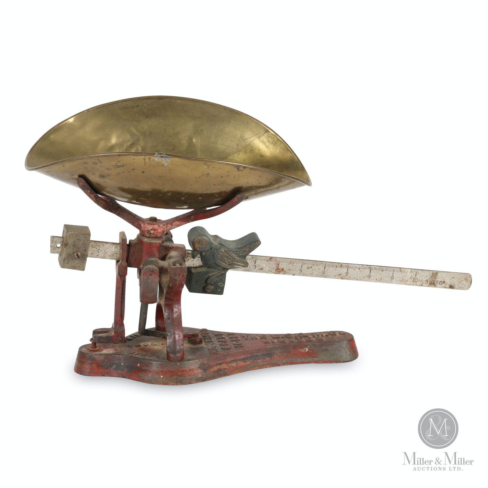 10lb Household Weigh Scale: American. 1920s. Cast iron with brass pan. Burrows, Stewart & Milne Co. Features cast figural bird slide. Stamped, "Household Scale 10lbs The B.S & M Co. Limited" upper base. 4.5 x 18 x 10" (h). Jack 
