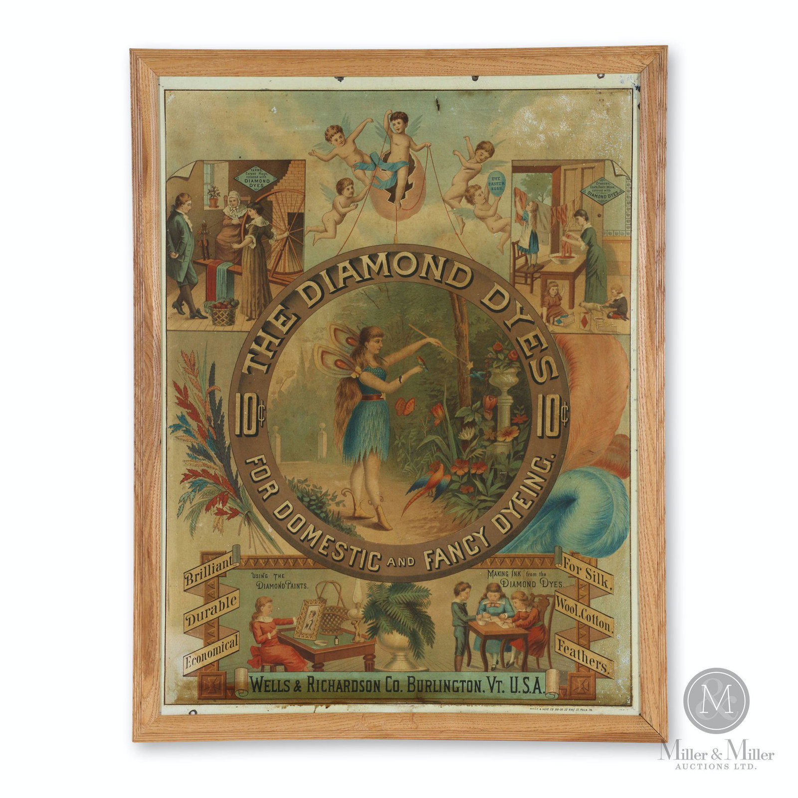 Diamond Dyes Tin Litho Cabinet Sign: American. 1890s. Single-sided lithographed tin. Marked, "Wells & Hope Co., 318-20 22 Vine St. Phila, PA" lower right edge. Sight 24 x 17.75" . Surface exhibits uniform discolouration, likely from expo