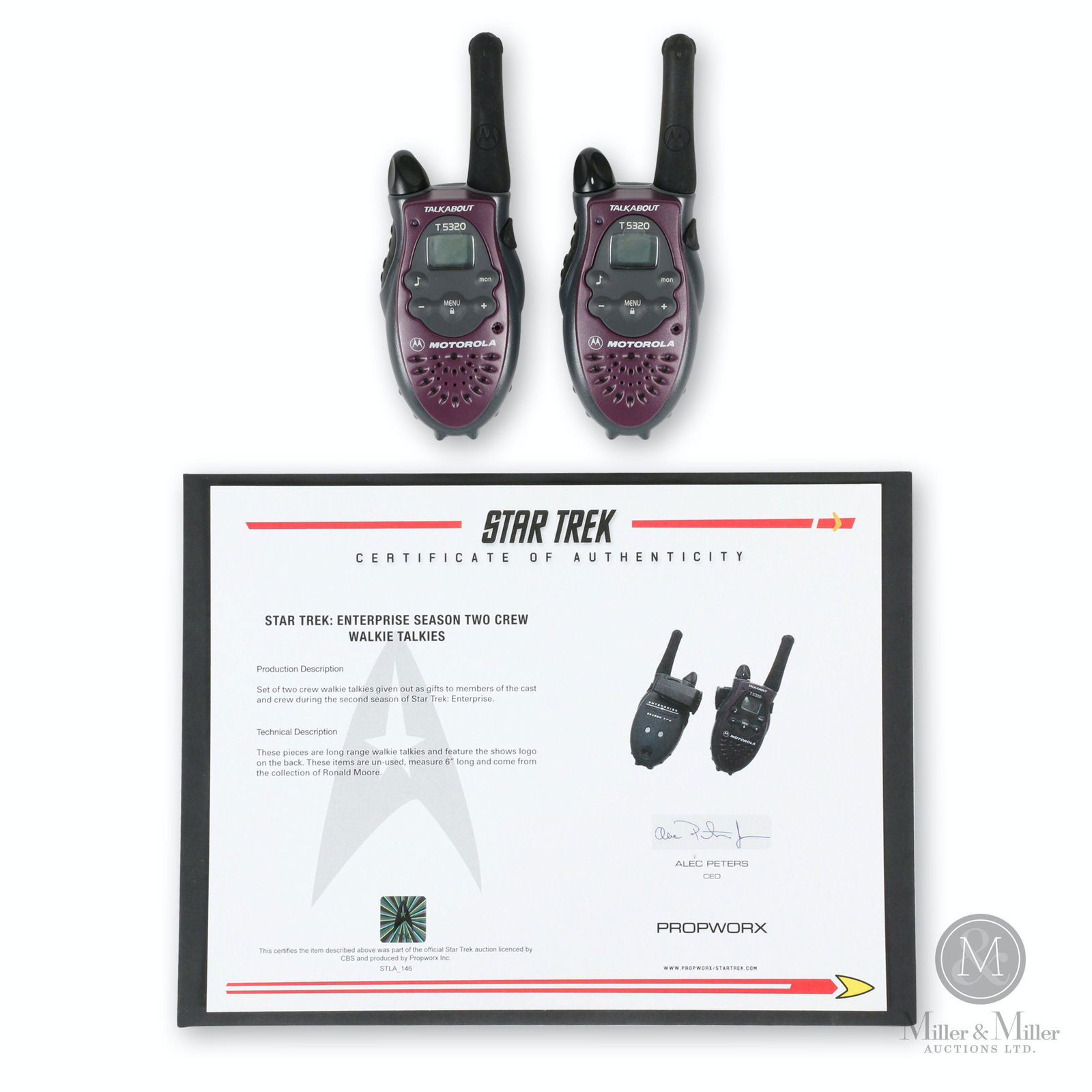 Star Trek Enterprise Crew Walkie Talkies: American. 1990s. From the collection of Ronald Moore. Accompanied by Certificate of Authenticity from Propworx signed by CEO Alec Peters. 6.25 x 2.25 x 2" each.