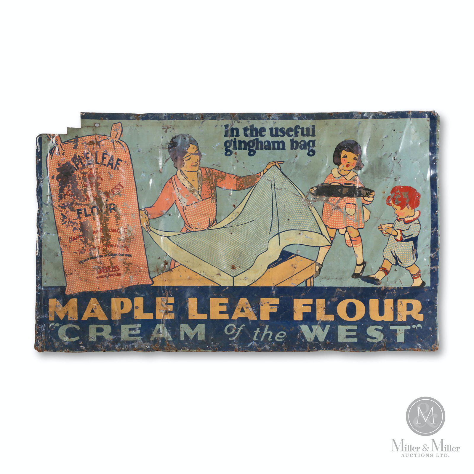 Maple Leaf Flour Tin Litho Sign: Canadian. 1930s. Single-sided lithographed tin. 5' x 3'. Exhibits moderate active flaking, especially apparent within the flour bag graphic. Numerous punctures and heavy creases. Cut at upper left cor
