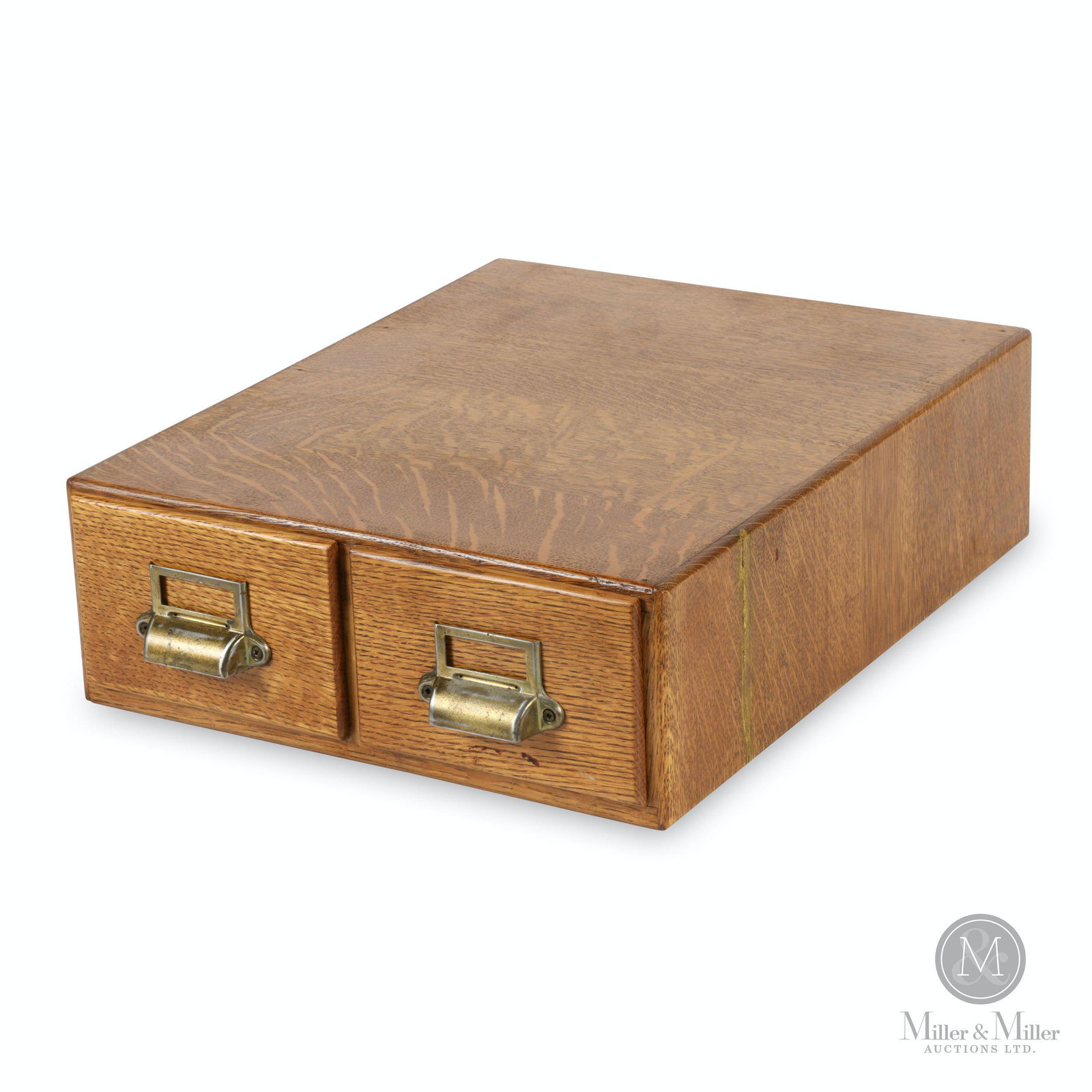 Oak Two-Drawer Card Filer: Canadian. 1920s. Quarter-sawn oak, pressed steel drawer pulls. 13.5 x 16.75 x 5.25" (h). Drawers accept 5 x 3" cards. Vertical split repair to right side. Jack Winkler collection.