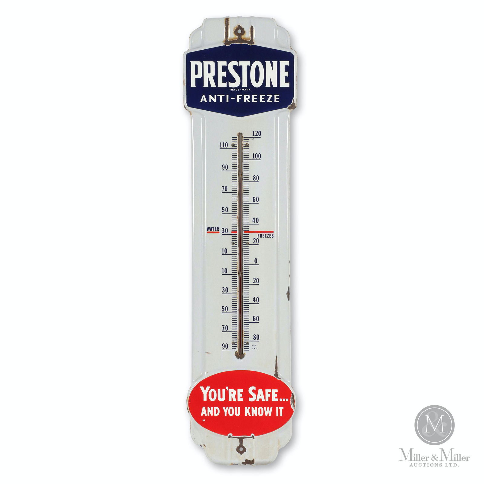 Prestone Antifreeze Porcelain Thermometer: American. 1950s. Porcelain. Mercury tube is intact and functioning, may require calibration. "You're Safe and You Know It" version. Marked, "Made in U.S.A" lower right side thermometer scale. 36 x 9".