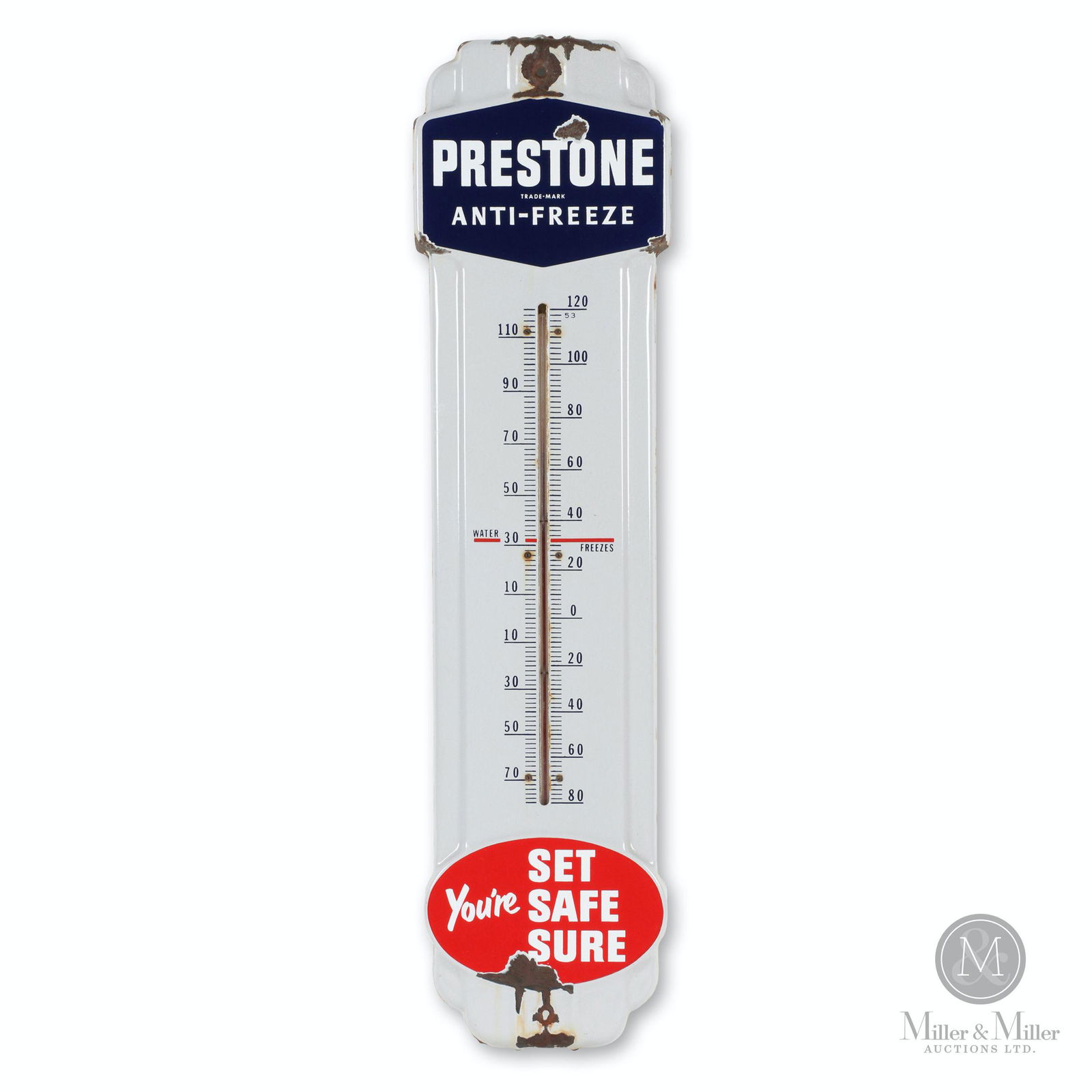 Prestone Antifreeze Porcelain Thermometer: American. 1950s. Porcelain. Mercury tube is intact and functioning, may require calibration. "You're Set -Safe - Sure" version. 36 x 9".