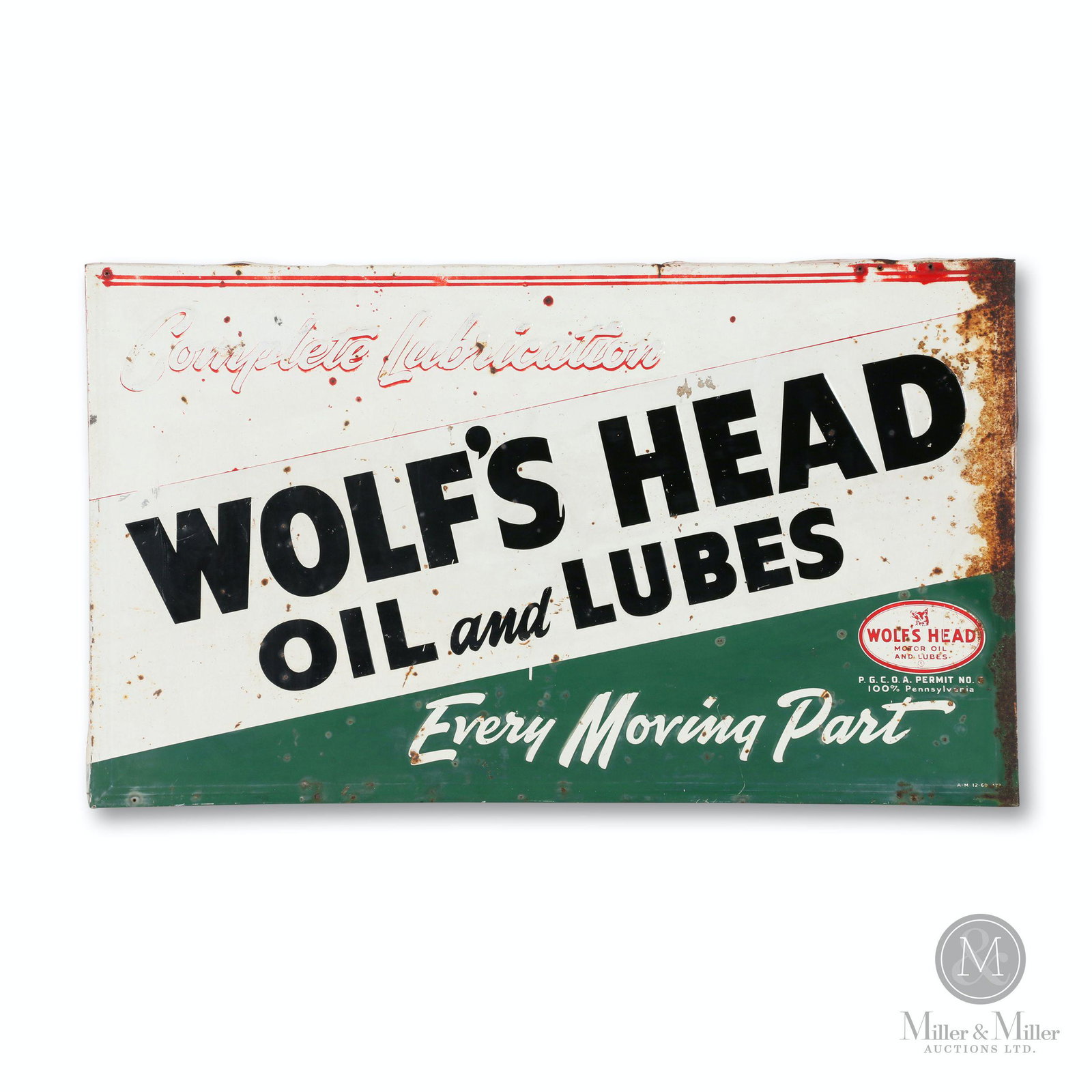 Wolf's Head Motor Oil Tin Litho Sign: American. 1960. Single-sided embossed lithographed tin. Raised border. Marked, "A-M 12-60" lower right edge. 58 x 34". Heavy oxidation along right side. Fading to red text in upper left quarter.