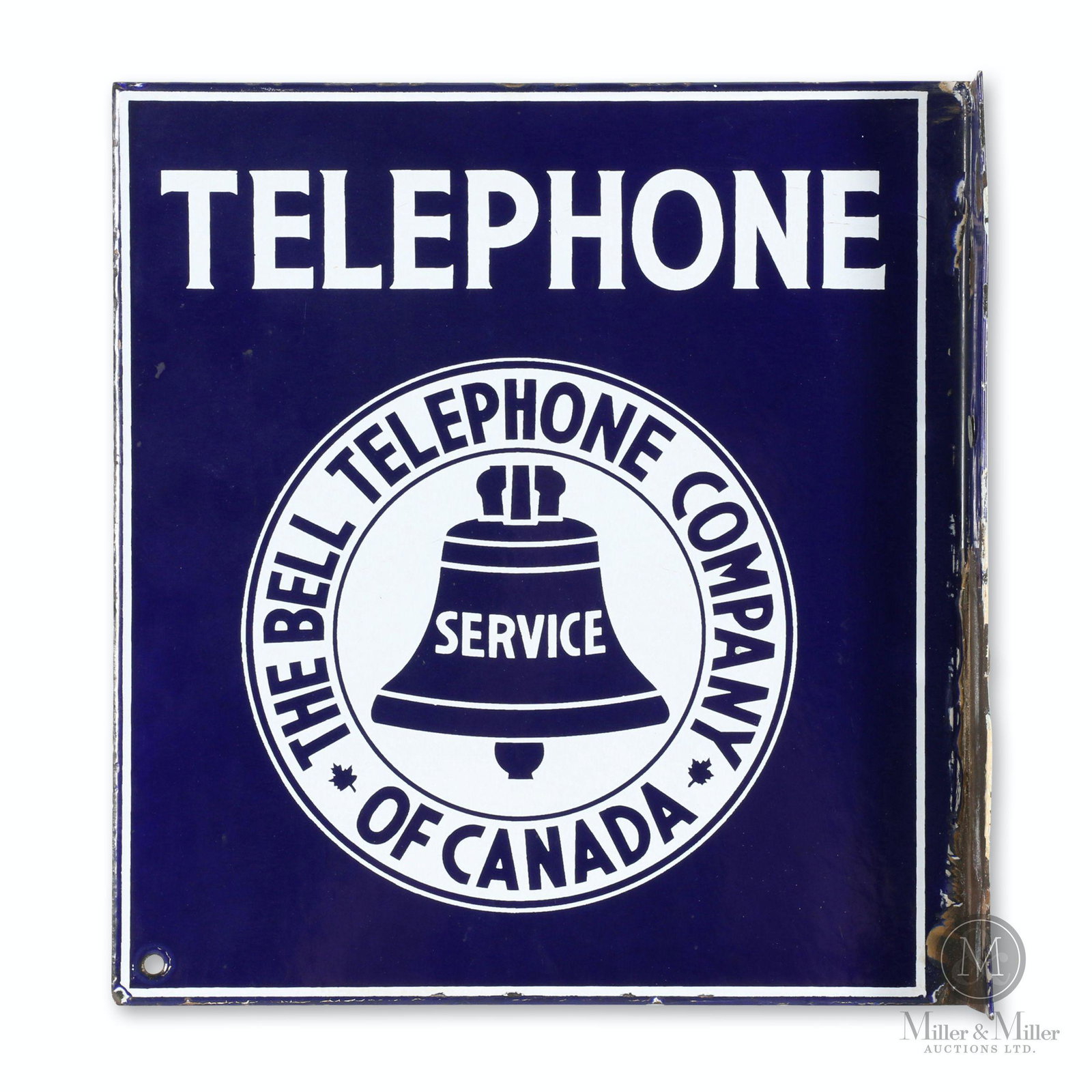Bell Telephone Porcelain Flange Sign: Canadian. 1940s. Porcelain. 11.75 x 11.25". Flange exhibits moderate porcelain loss to lower half. Minor chips at extreme edges.