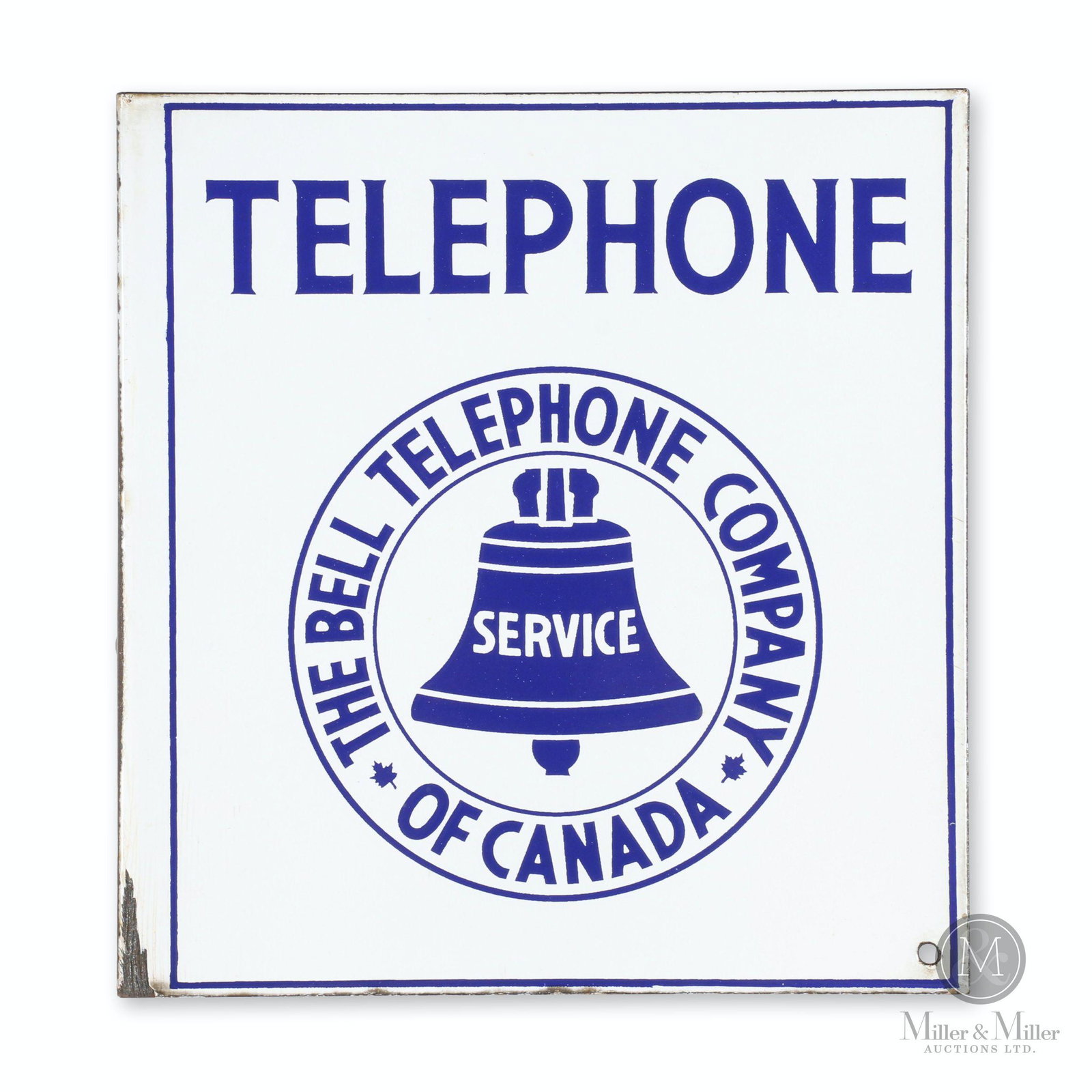 Bell Telephone Porcelain Flange Sign: Canadian. 1940s. Porcelain. Exceptional colour and gloss. 11.75 x 11.25". Exhibits moderate porcelain loss to inner flange. Very minor chips at extreme edges.