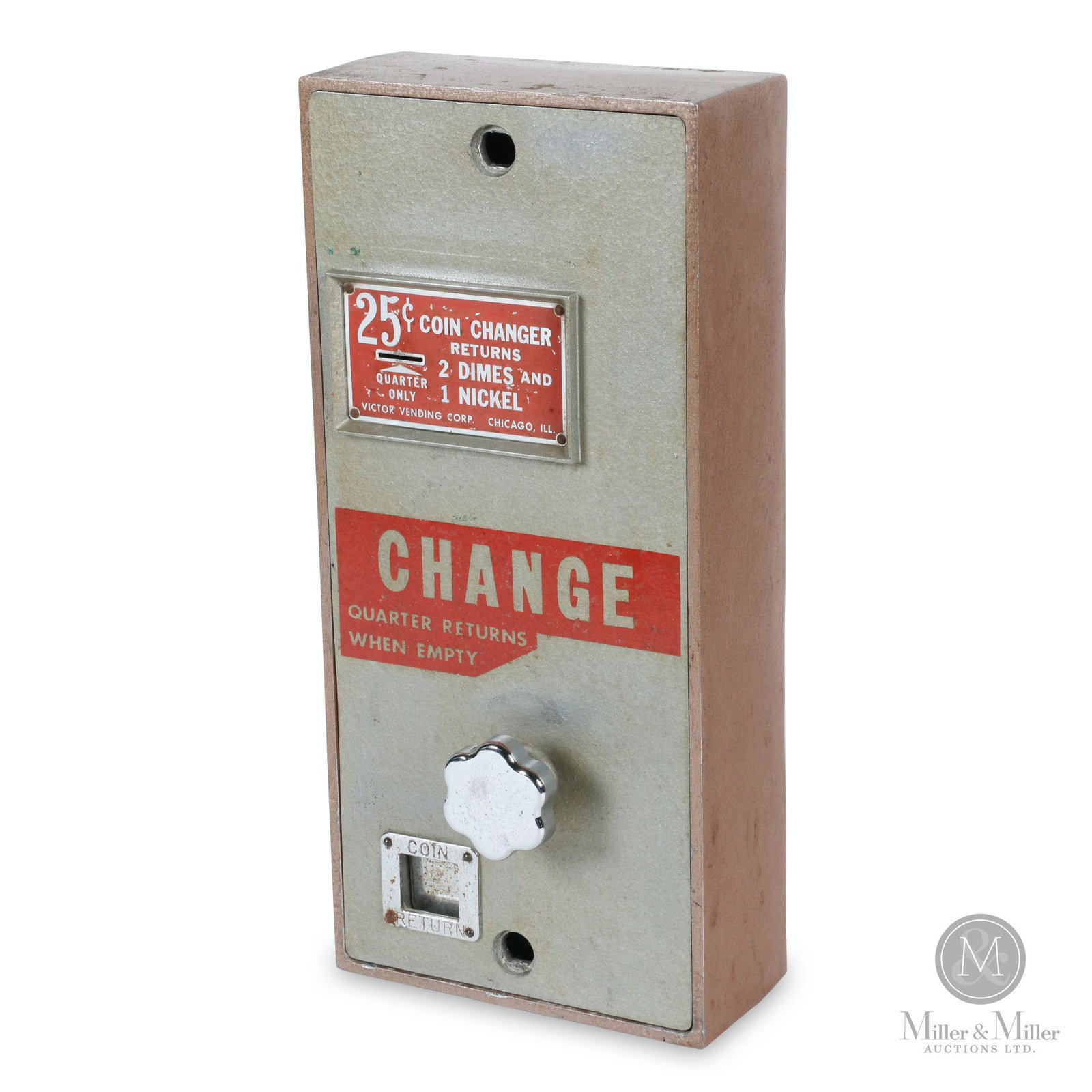Victor 25c Change Making Machine: American. 1950s. Marked, "Victor Vending Corp, Chicago, Ill" 8.5 x 4 x 18.5". Functioning